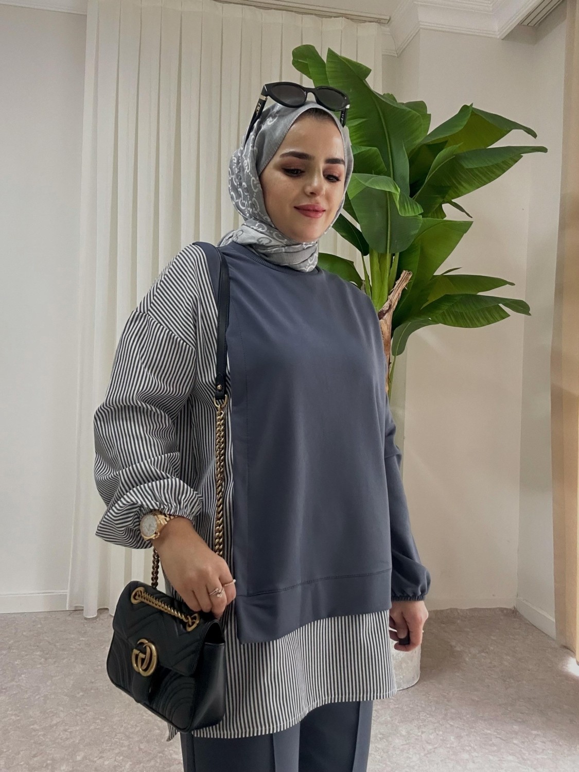 Aselim Hijap Moda Asel Fashion Line Gömlekli Ikili Takım Antrasit Gri görsel 4