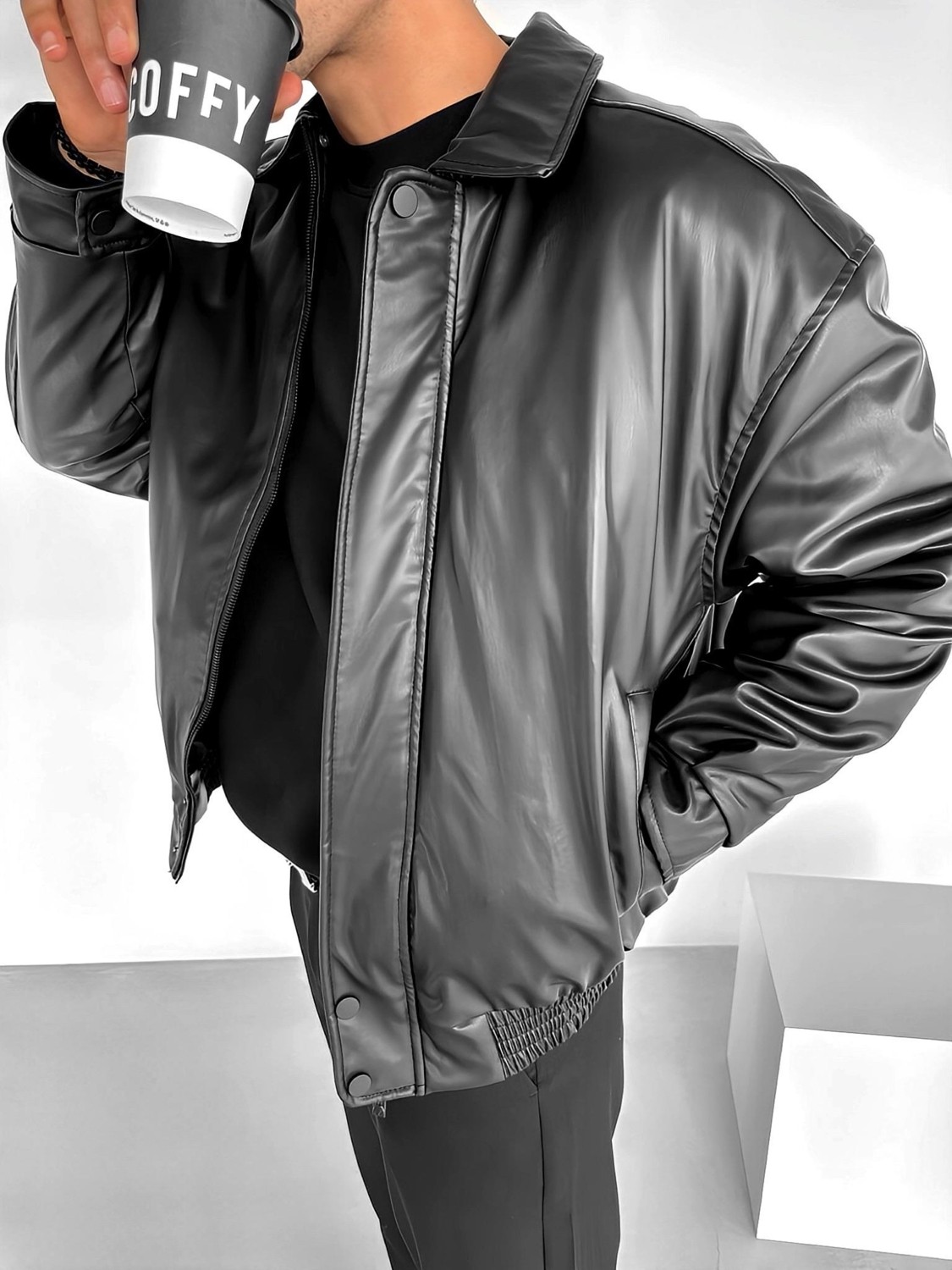 Abluka Online Erkek Oversize Premium Basic Deri Ceket Siyah Rüzgar Geçirmez Astarlı Kalın Yapı görsel 3