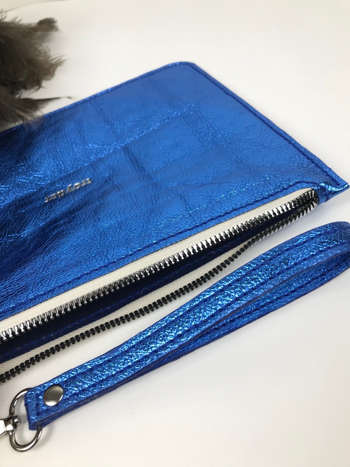 Troyder Deri Clutch Çanta Parlak Mavi Renk