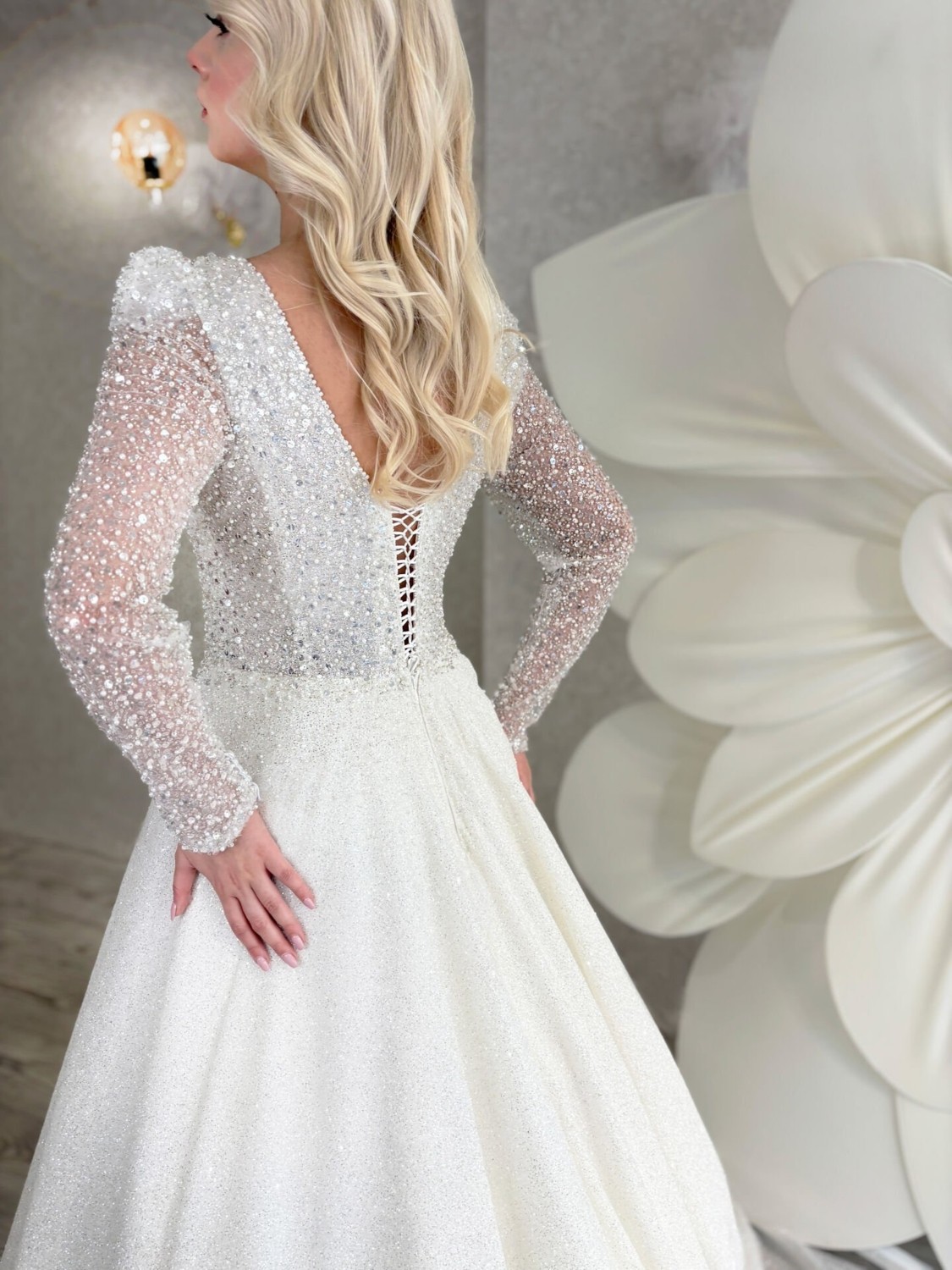 Gold Moda Glory | Işlemeli Işıltılı Kollu Gelinlik görsel 5