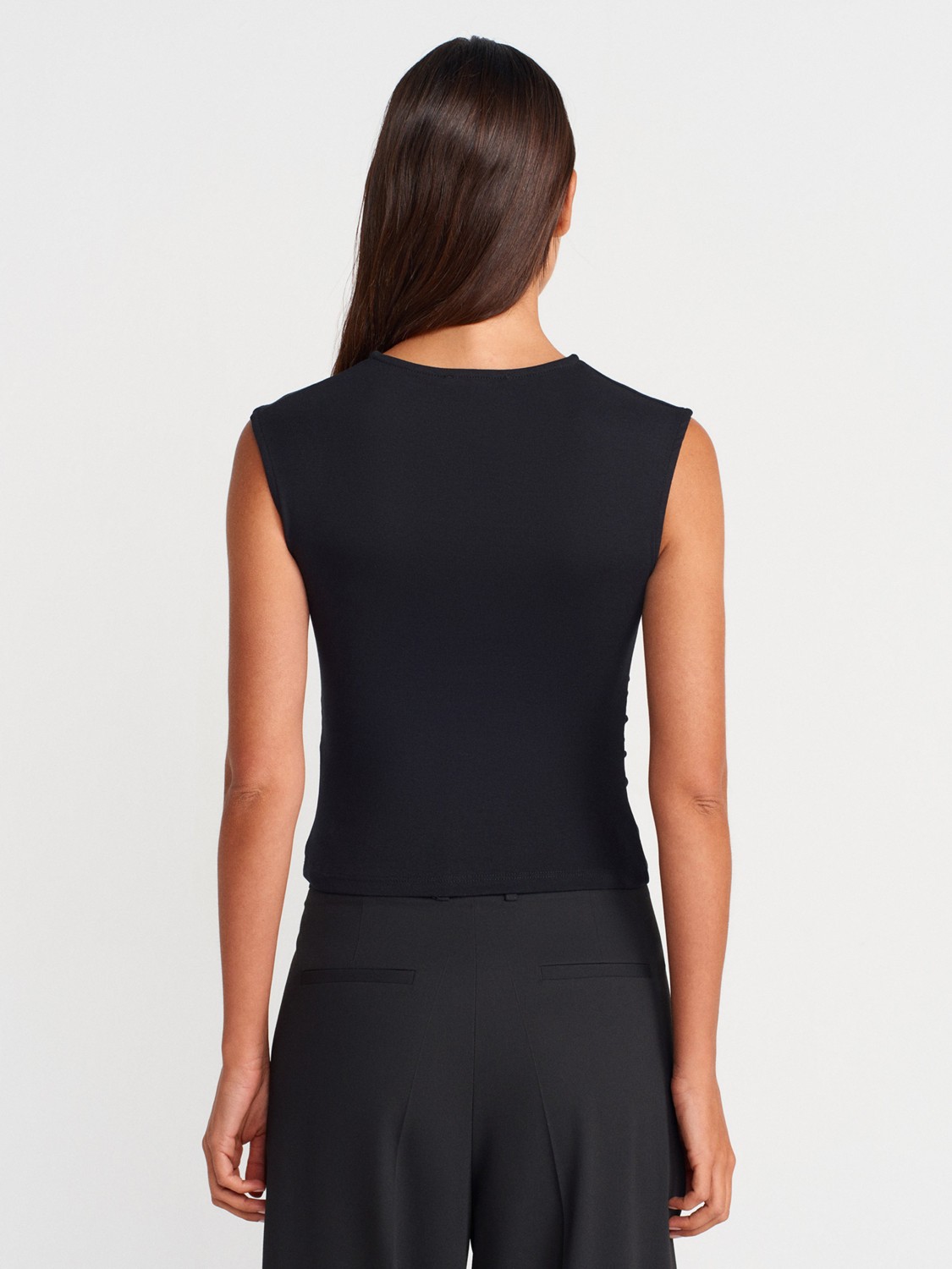 Dilvin 21054 Büzgülü Basic T-Shirt-Ekru görsel 2
