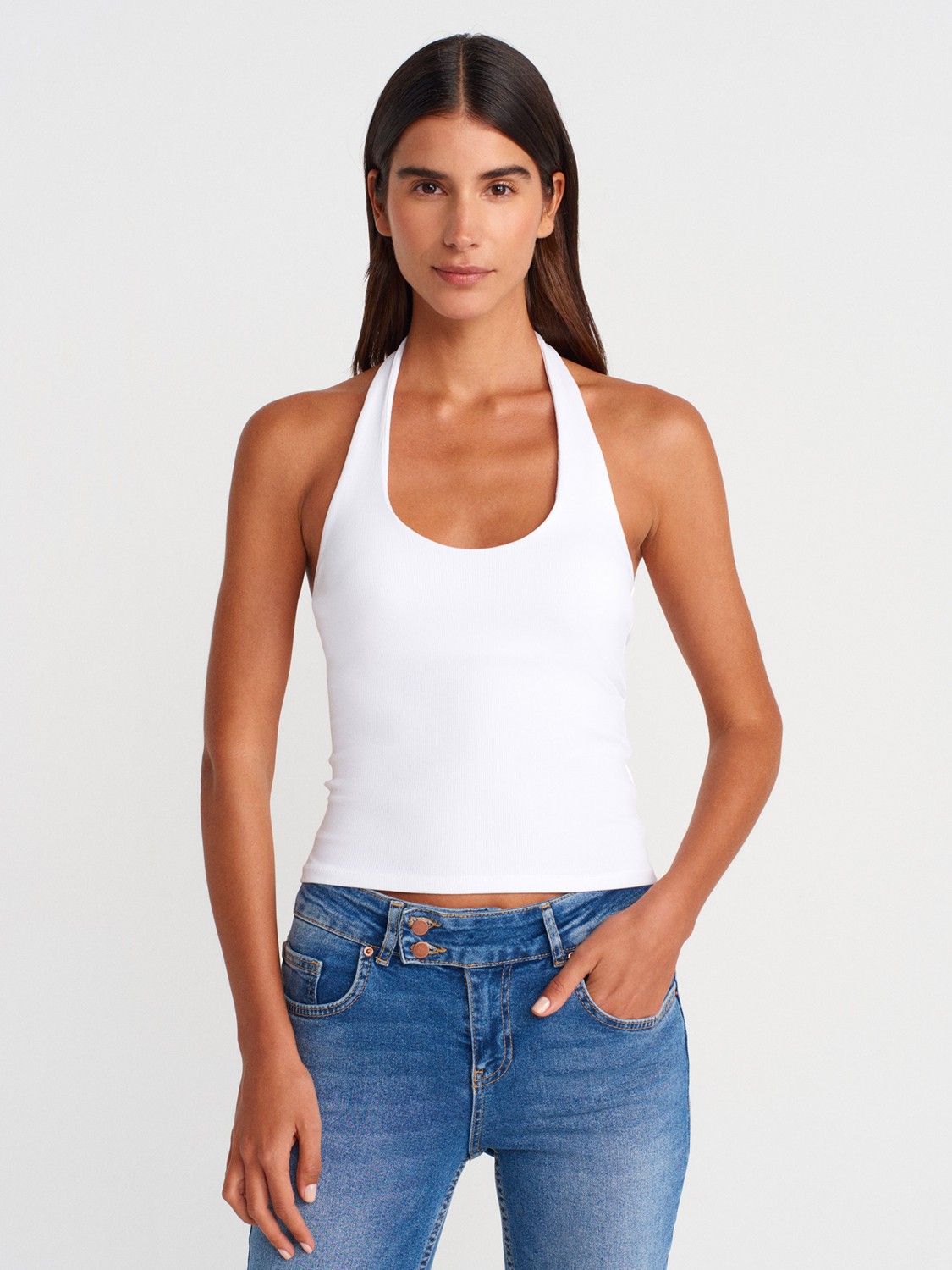 Dilvin 21052 Beyaz Halter Yaka Top Kadın Oversize Kalıp %95 Pamuk Dokuma Kumaş