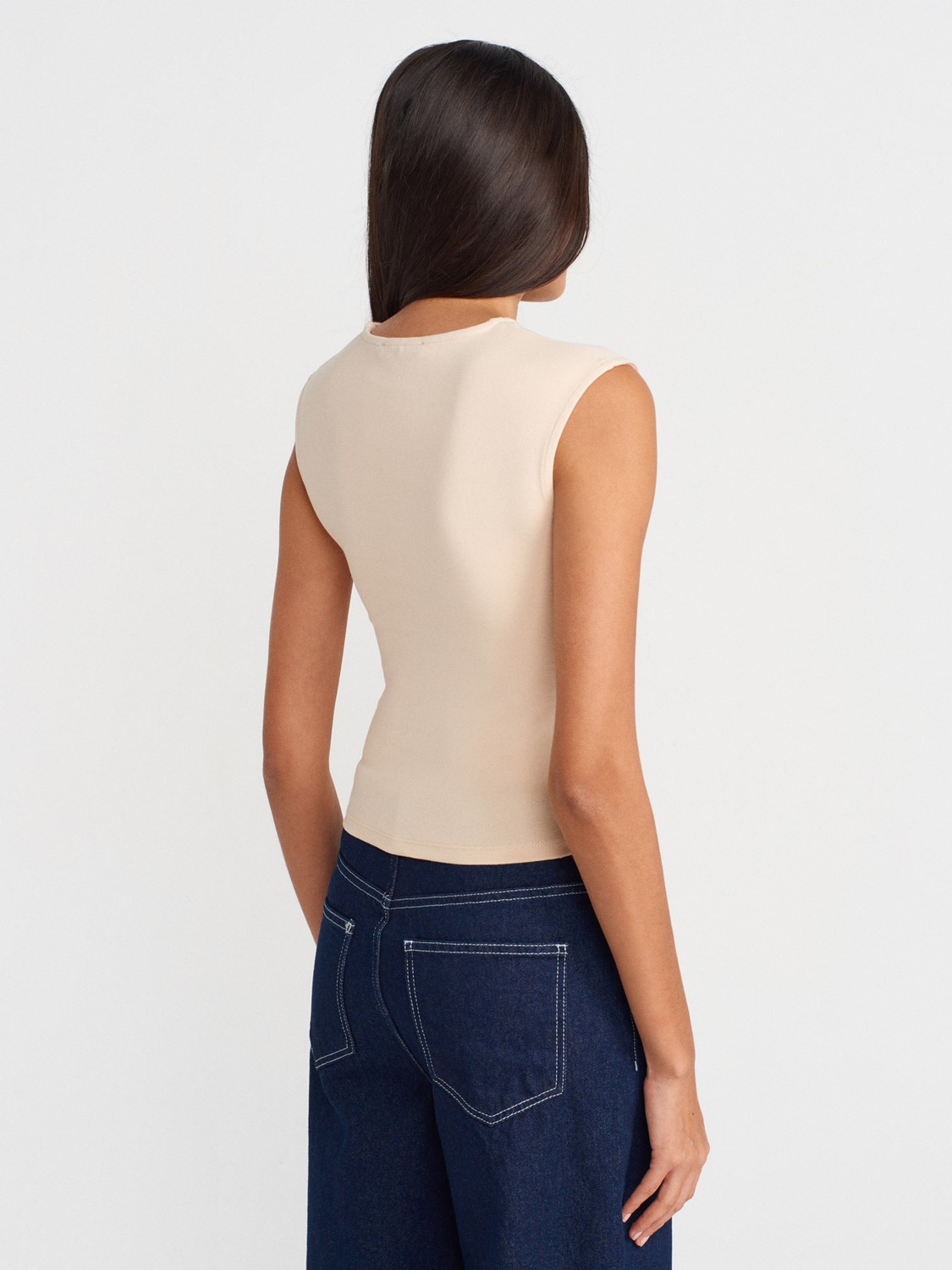 Dilvin 21054 Büzgülü Basic T-Shirt-Ekru görsel 6