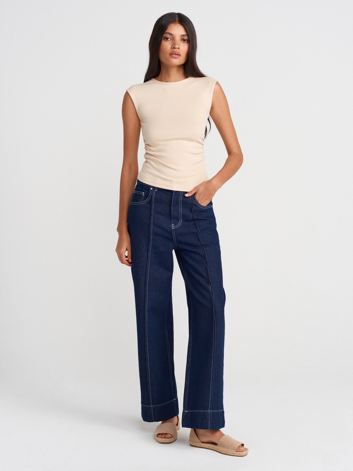 Dilvin 21054 Büzgülü Basic T-Shirt-Ekru görsel 8