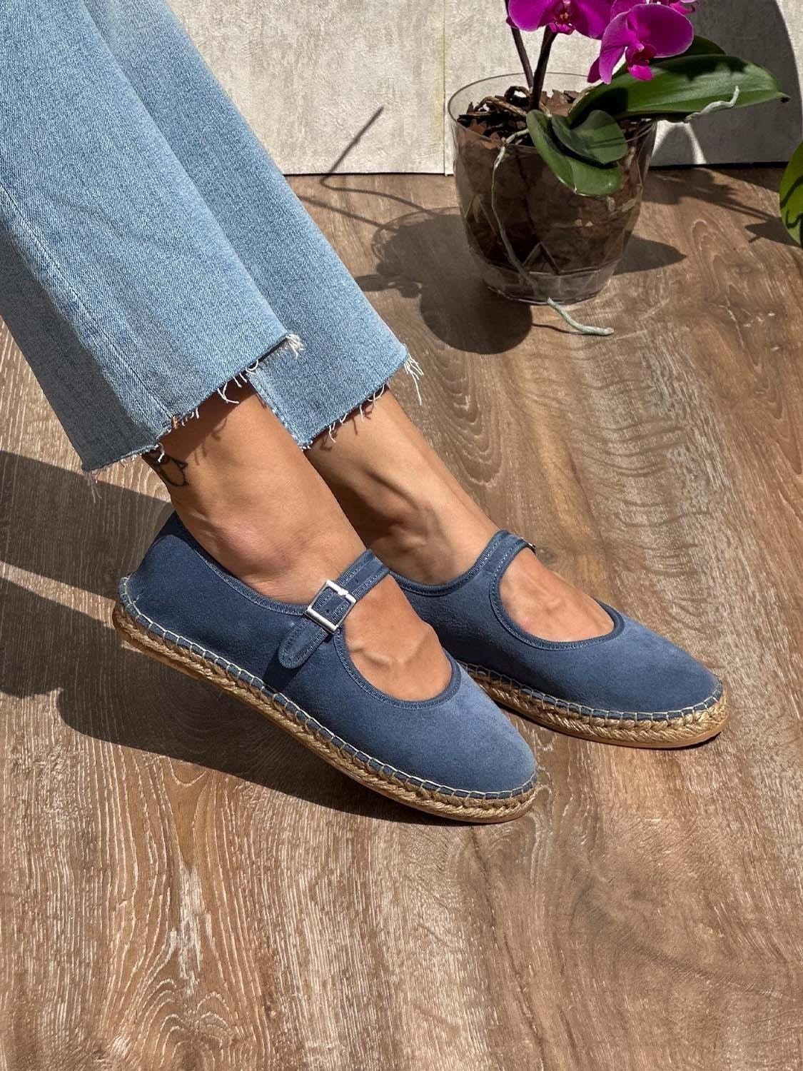 Siba Shoes Kadın Espadril Mavi Süet Deri Düz Taban Kauçuk Tabanlı Rahat Ayakkabı