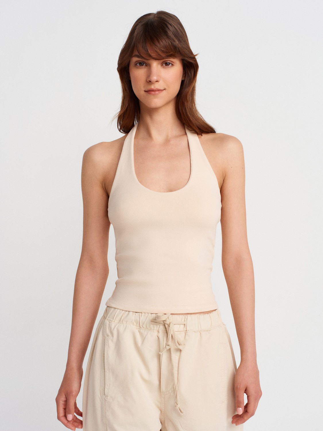 Dilvin 21052 Beyaz Halter Yaka Top Kadın Oversize Kalıp %95 Pamuk Dokuma Kumaş