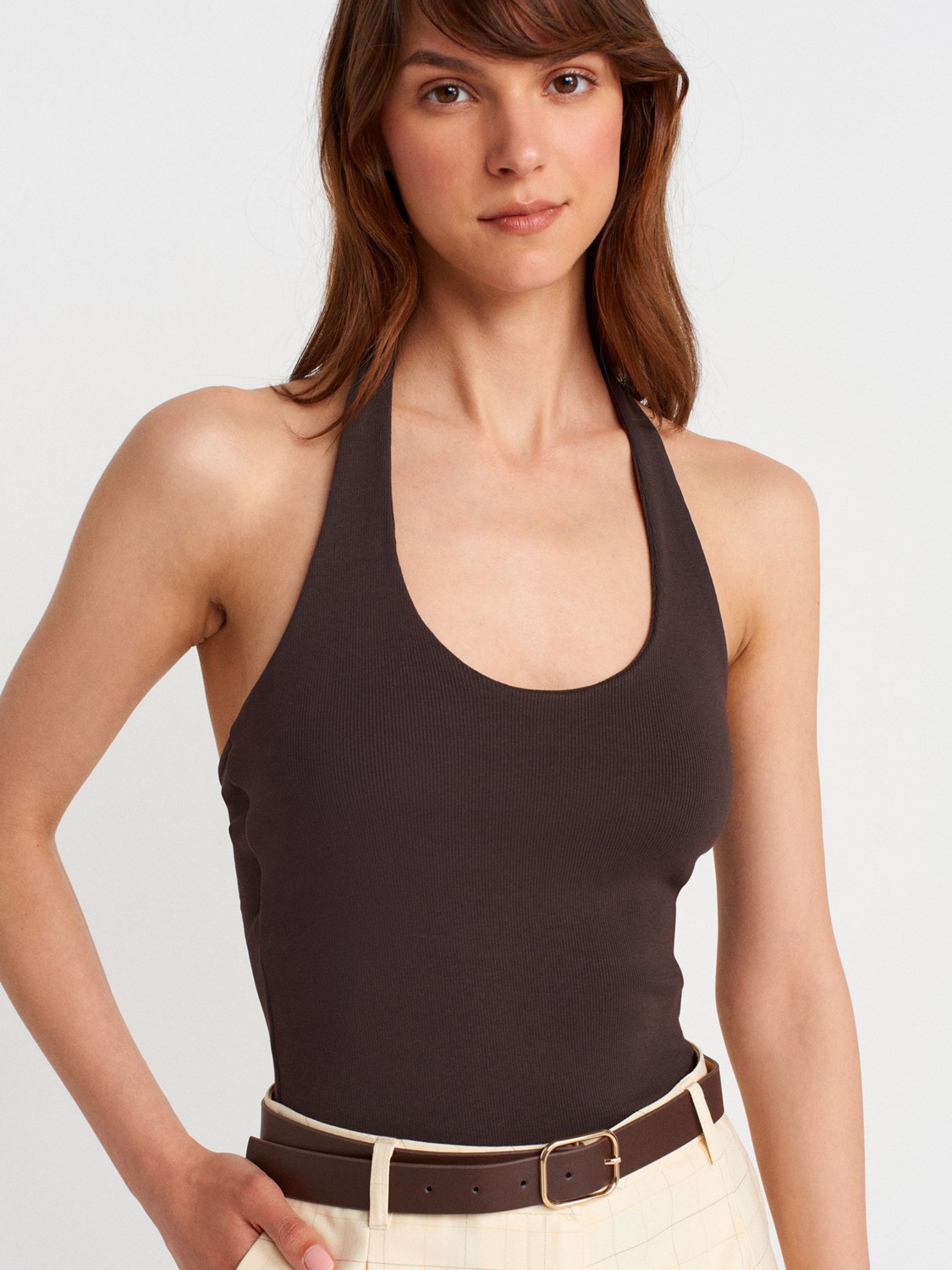 Dilvin 21052 Beyaz Halter Yaka Top Kadın Oversize Kalıp %95 Pamuk Dokuma Kumaş