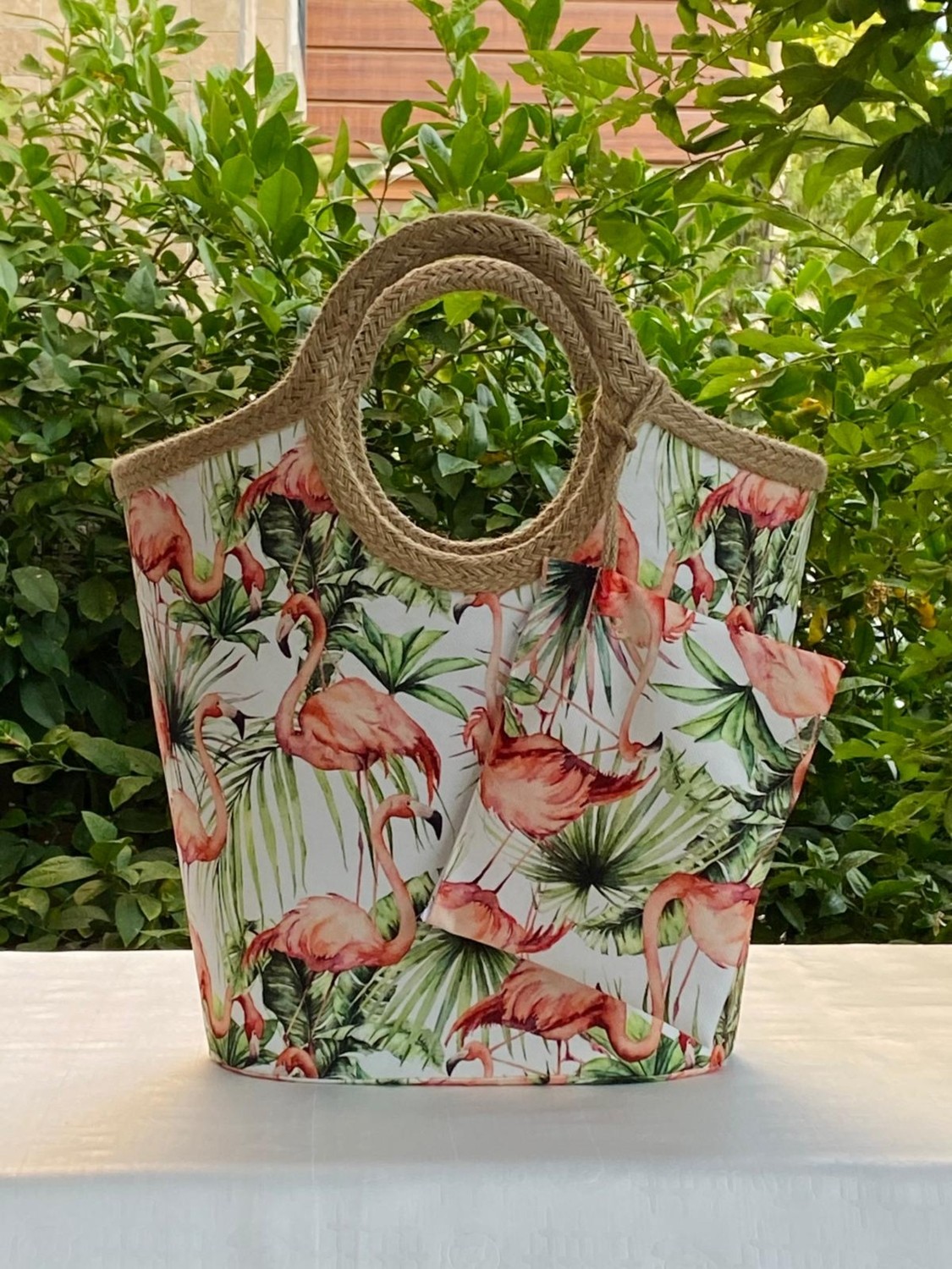 Çanta Tasarımcısı Plaj Çantası Flamingo Yeşil Yapraklı görsel 6