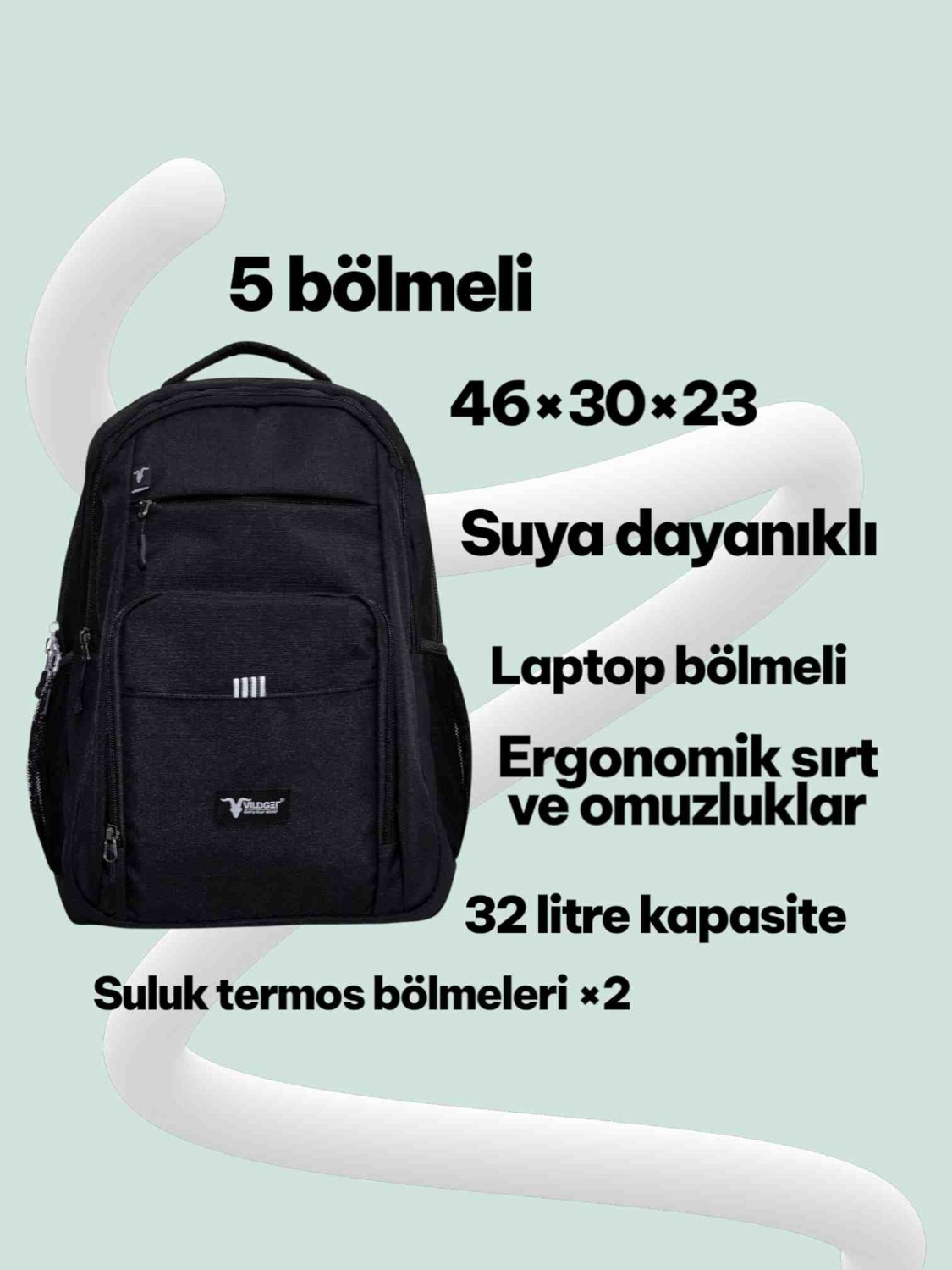 Vildget Unisex Laptop Bölmeli Çok Cepli Spor Seyehat Ve Okul İçin Uygun Siyah Sırt Çantası görsel 5