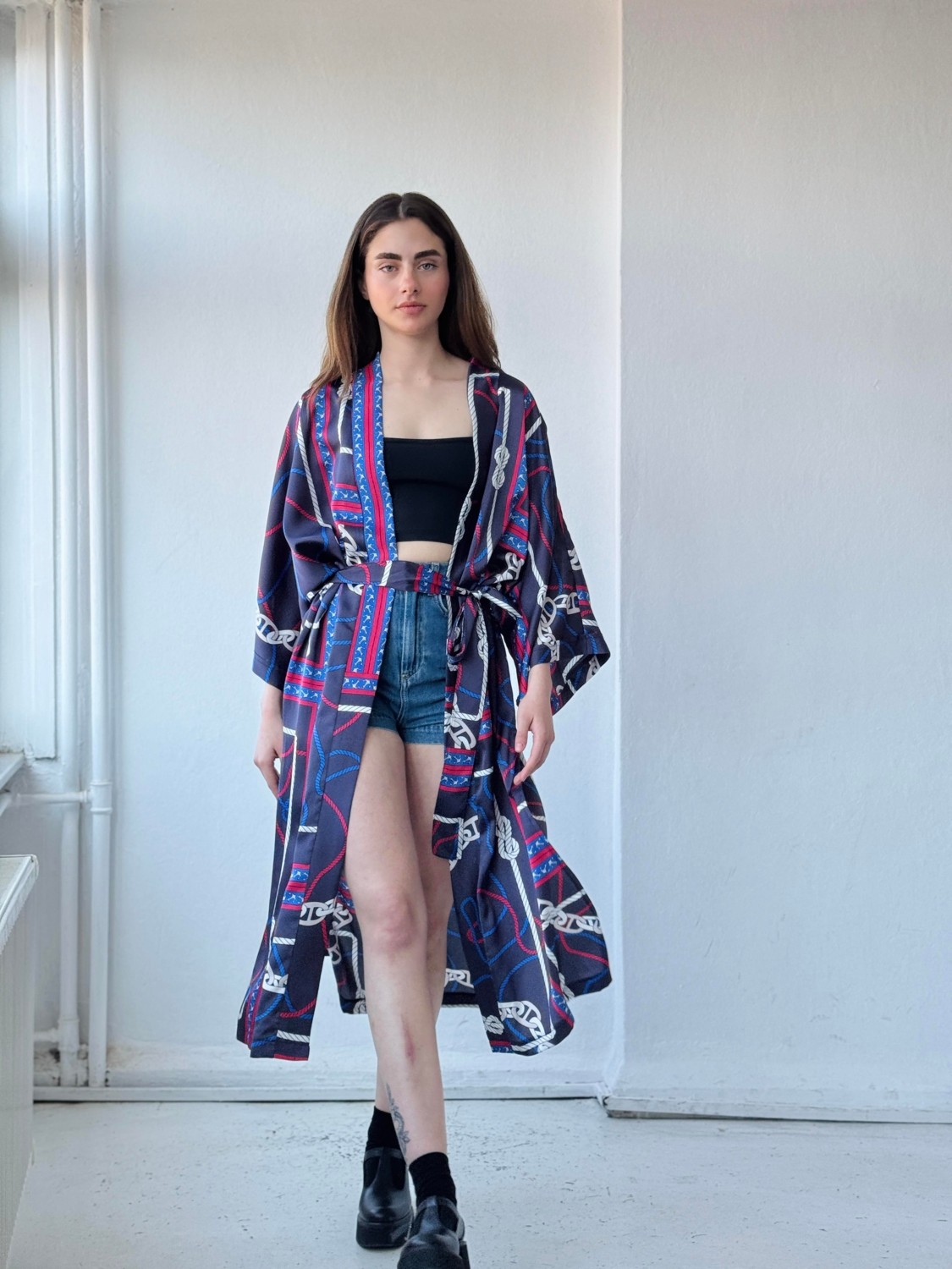 Retrobird Tasarım Marin Zincir Desen Uzun Kimono Kadın Lacivert görsel 3