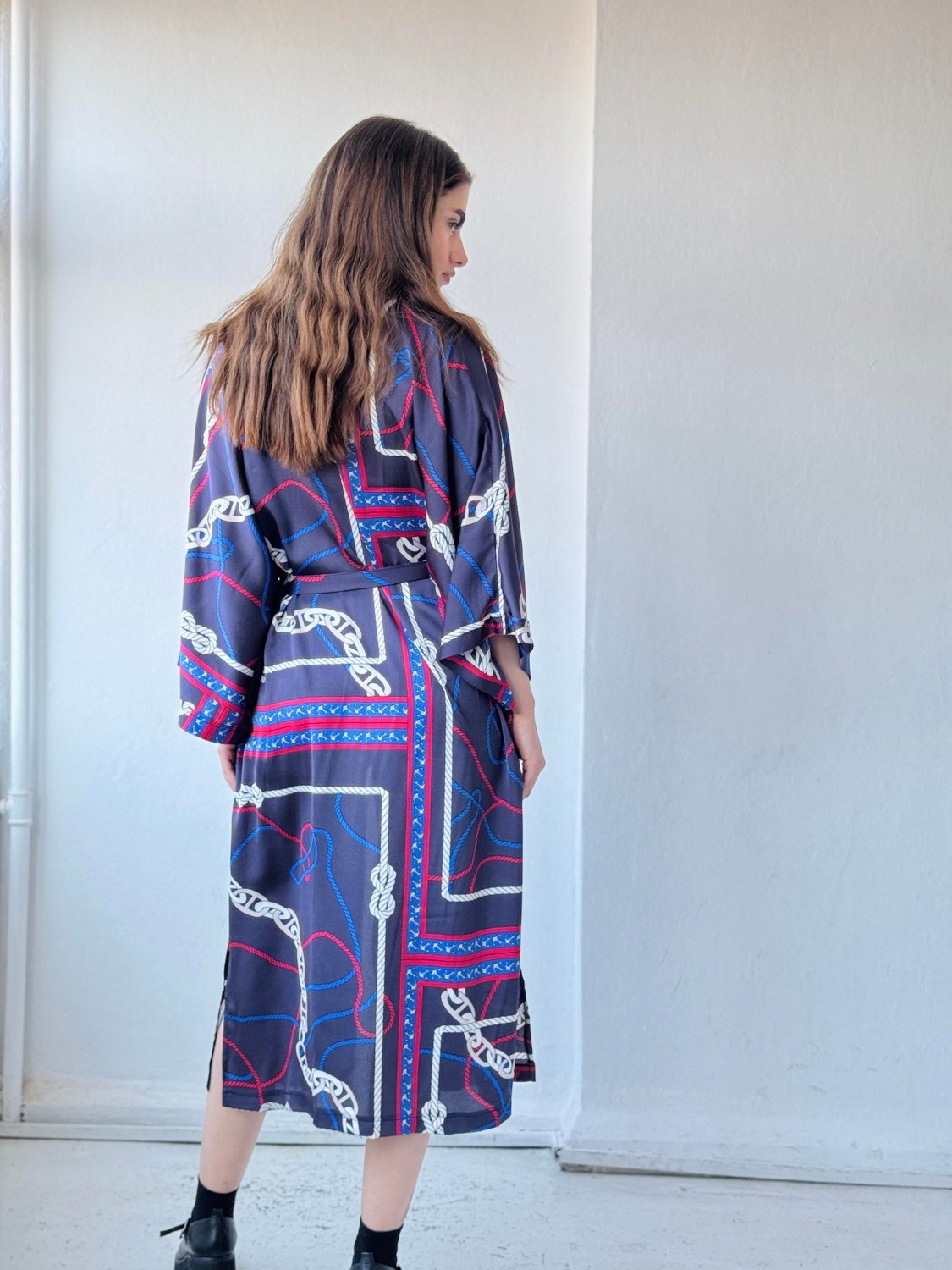 Retrobird Tasarım Marin Zincir Desen Uzun Kimono Kadın Lacivert görsel 4