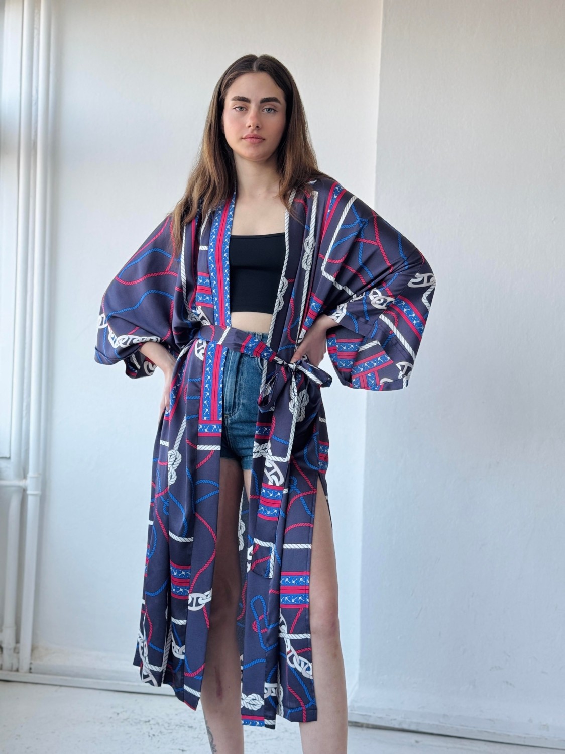 Retrobird Tasarım Marin Zincir Desen Uzun Kimono Kadın Lacivert görsel 5