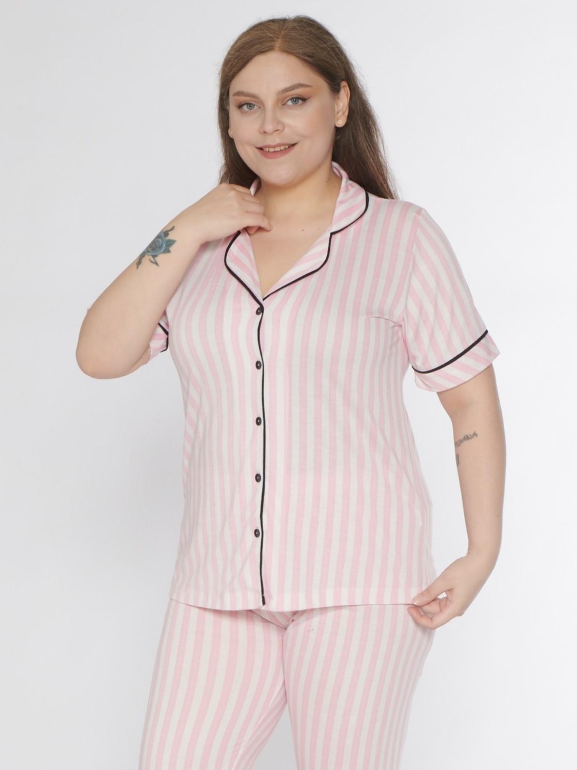 Boydan Düğmeli Battal Büyük Beden Çizgili Kısa Kol Pijama Takımı Alperi B780-26 görsel 6