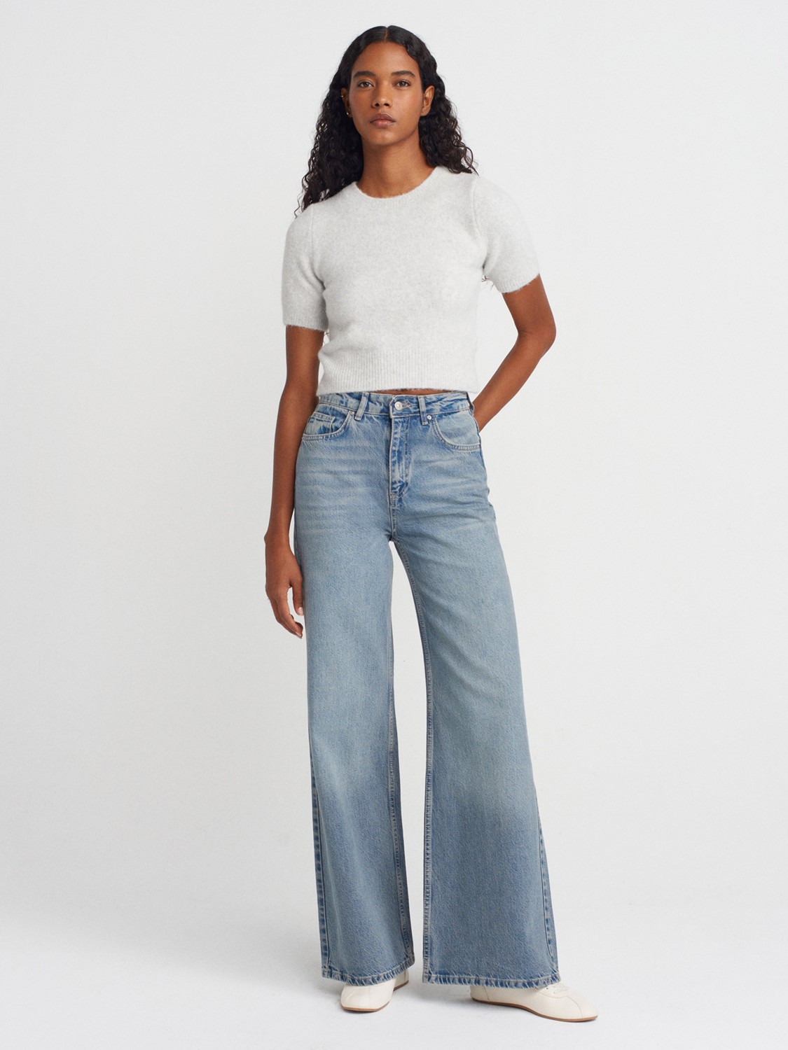 Dilvin 72039 Dökümlü Geniş Denim Pantolon Kadın Mavi Konforlu Model