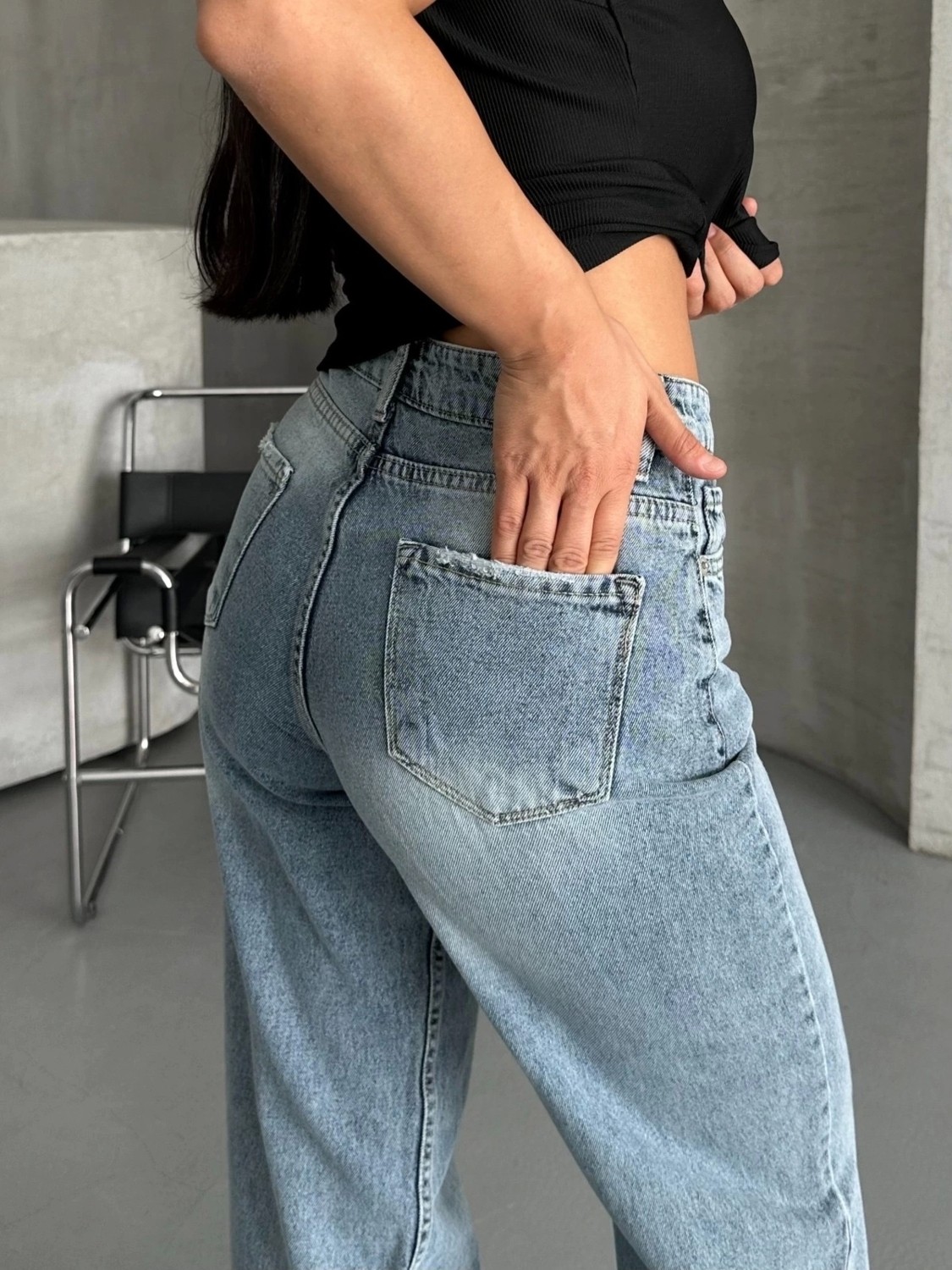OEY Fashions Palazzo Straight Kar Yıkama Jeans Pantolon Mavi D2008 görsel 5