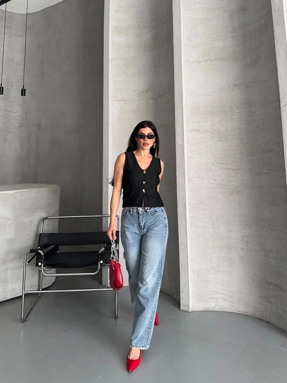 Palazzo Straight Kar Yıkama Jeans Pantolon Mavi D2008 görsel 2