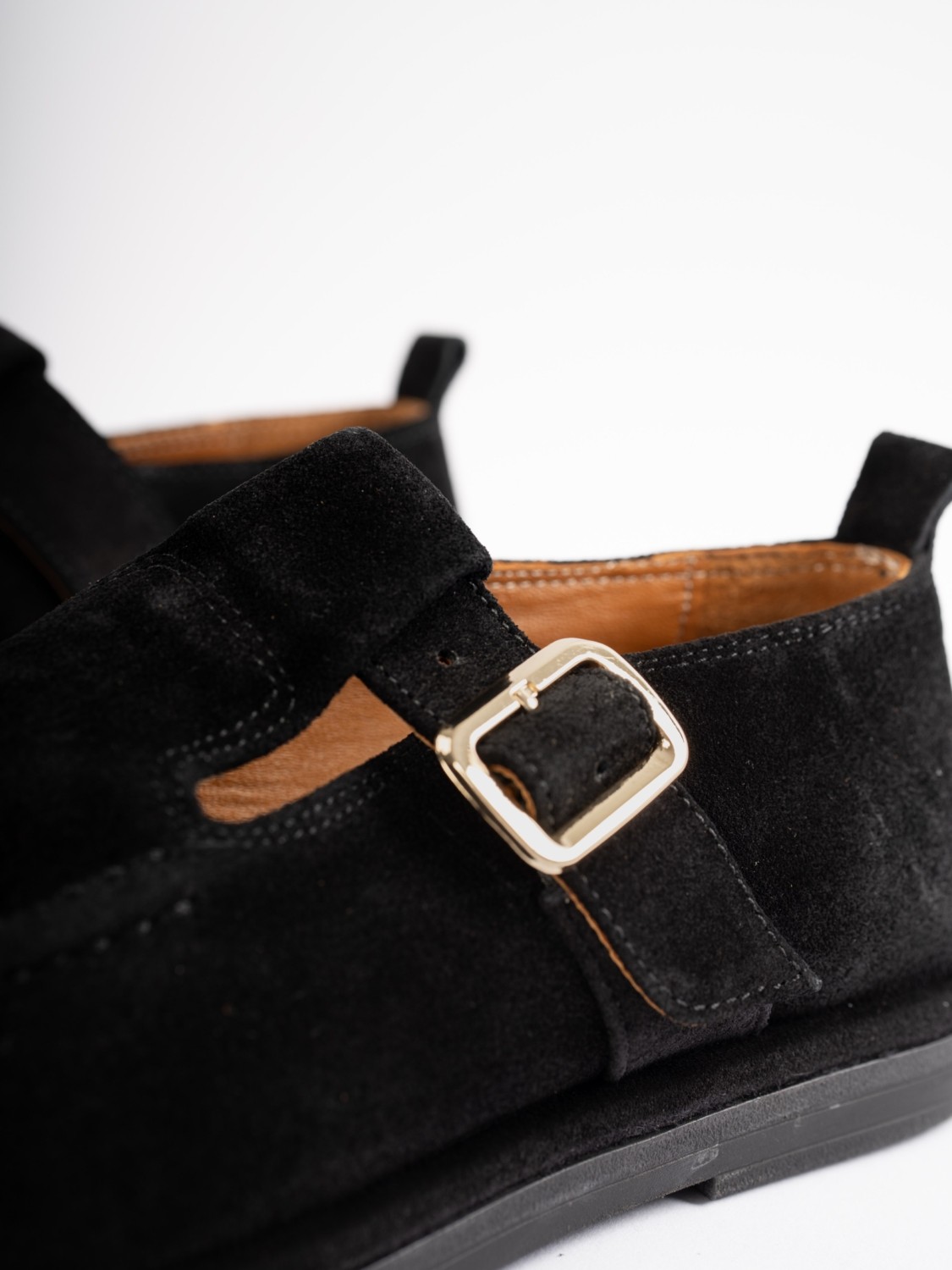 Selin Shoes Cassiel Hakiki Deri Gold Ayarlanabilir Toka Detaylı Kadın Loafer- Siyah Süet görsel 4