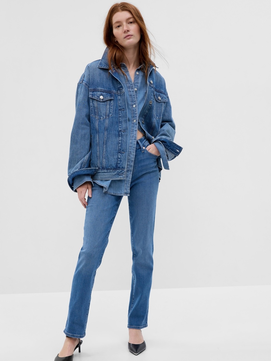 Gap Kadın Mavi Mid Rise Classic Straight Jean Pantolon görsel 6