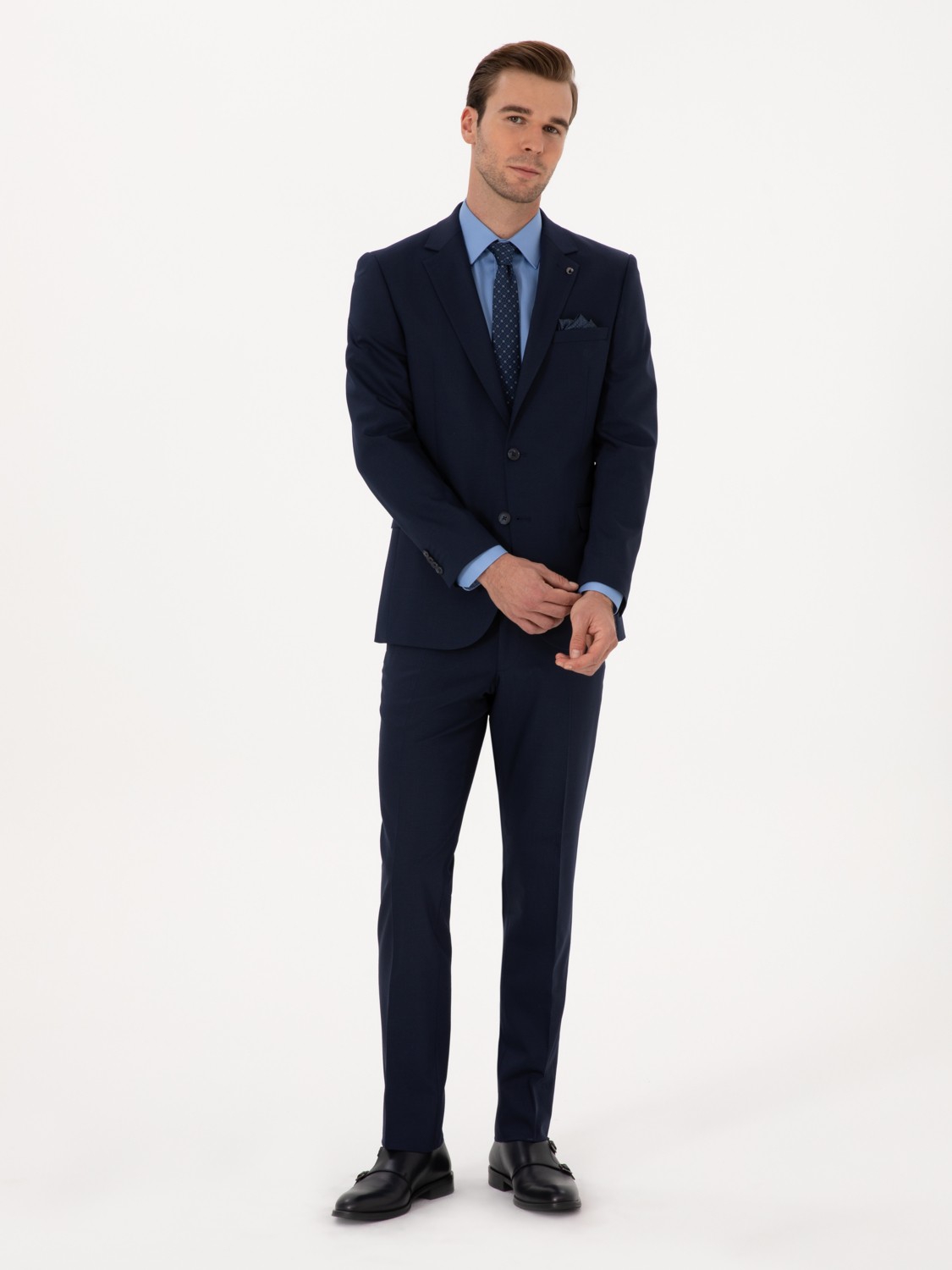 Cacharel Erkek Lacivert Slim Fit Yün Karışımlı Mikro Desenli Takım Elbise 50318023-VR033