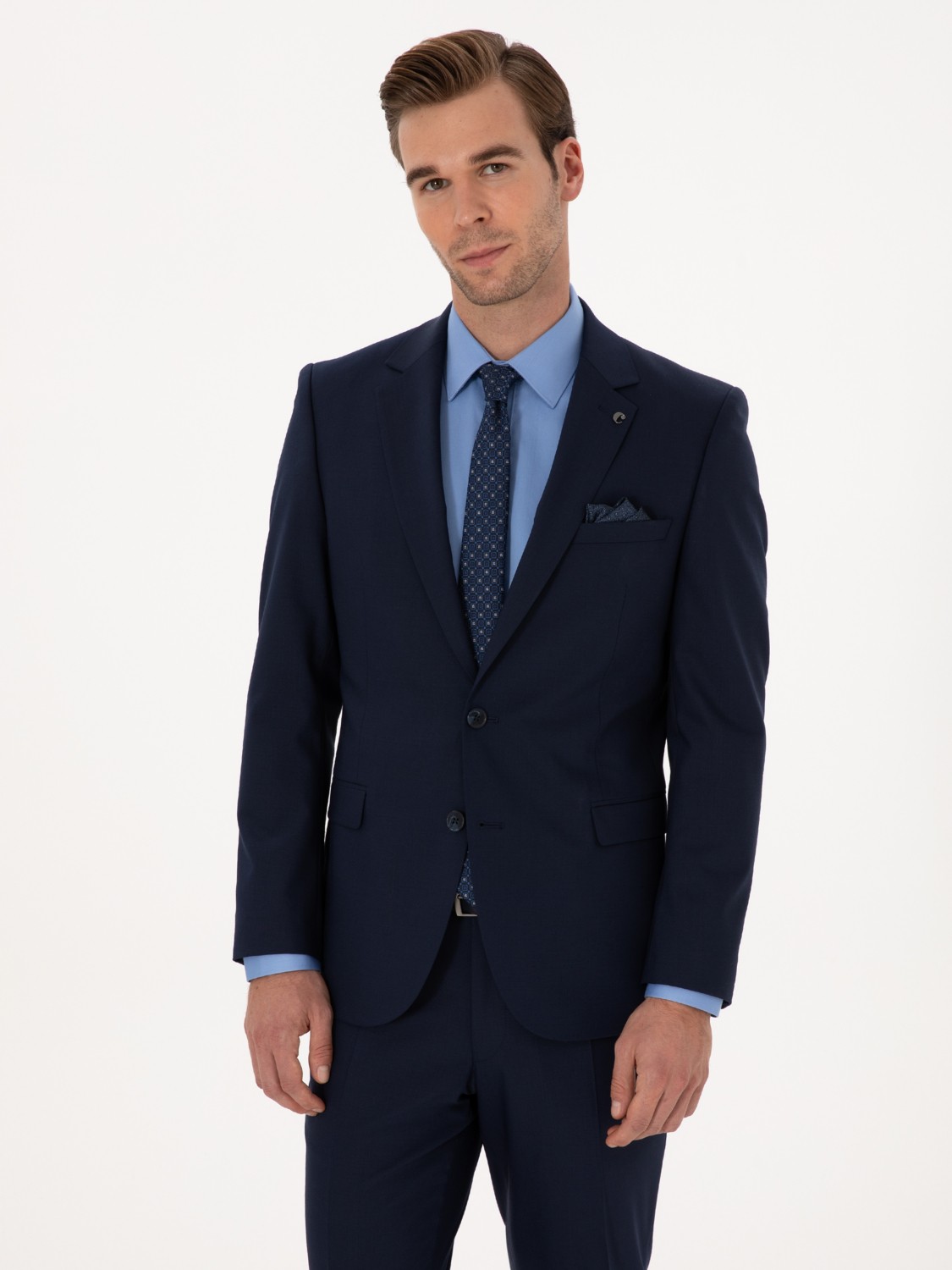 Cacharel Erkek Lacivert Slim Fit Yün Karışımlı Mikro Desenli Takım Elbise 50318023-VR033 görsel 3