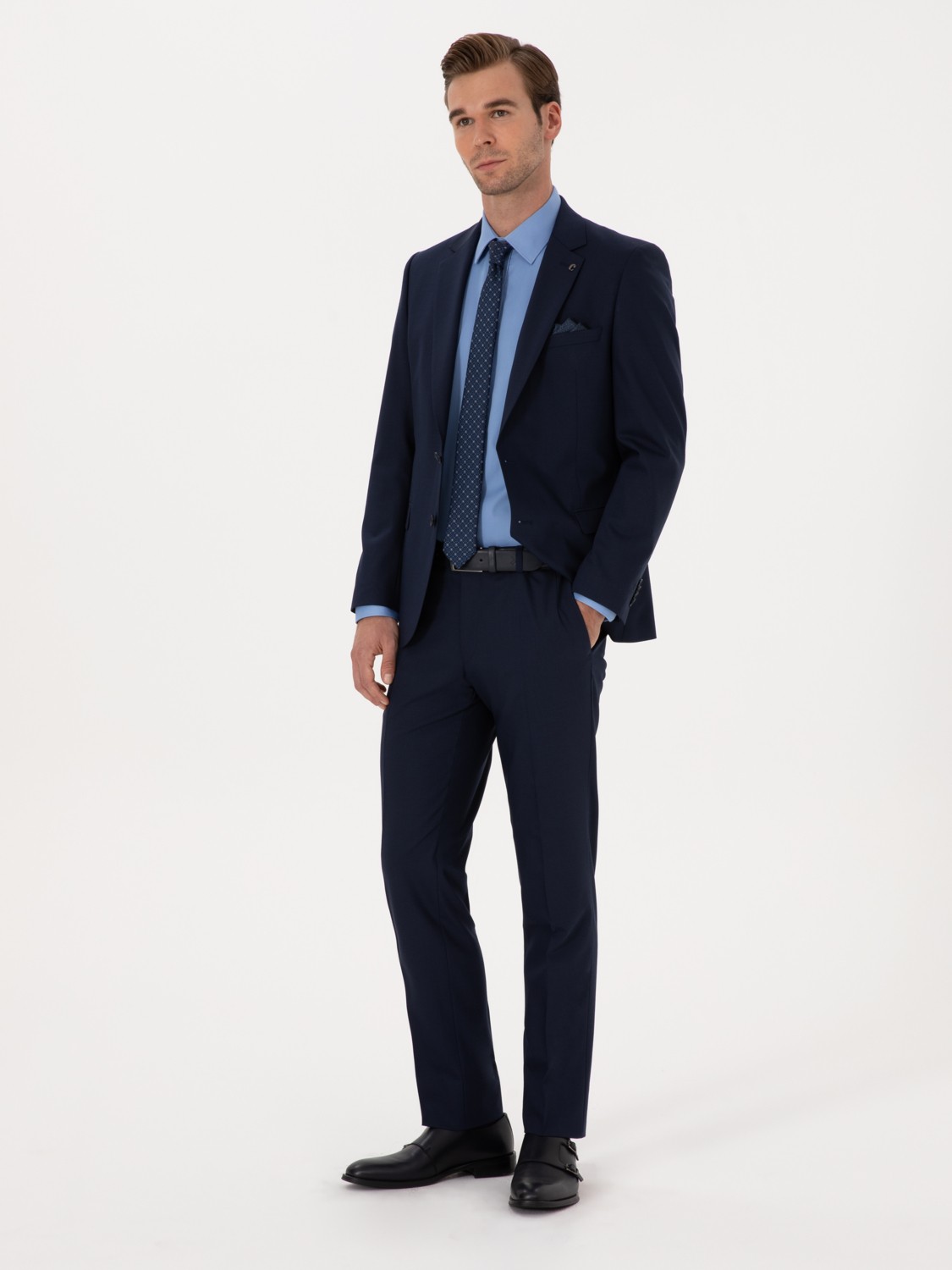 Cacharel Erkek Lacivert Slim Fit Yün Karışımlı Mikro Desenli Takım Elbise 50318023-VR033 görsel 4