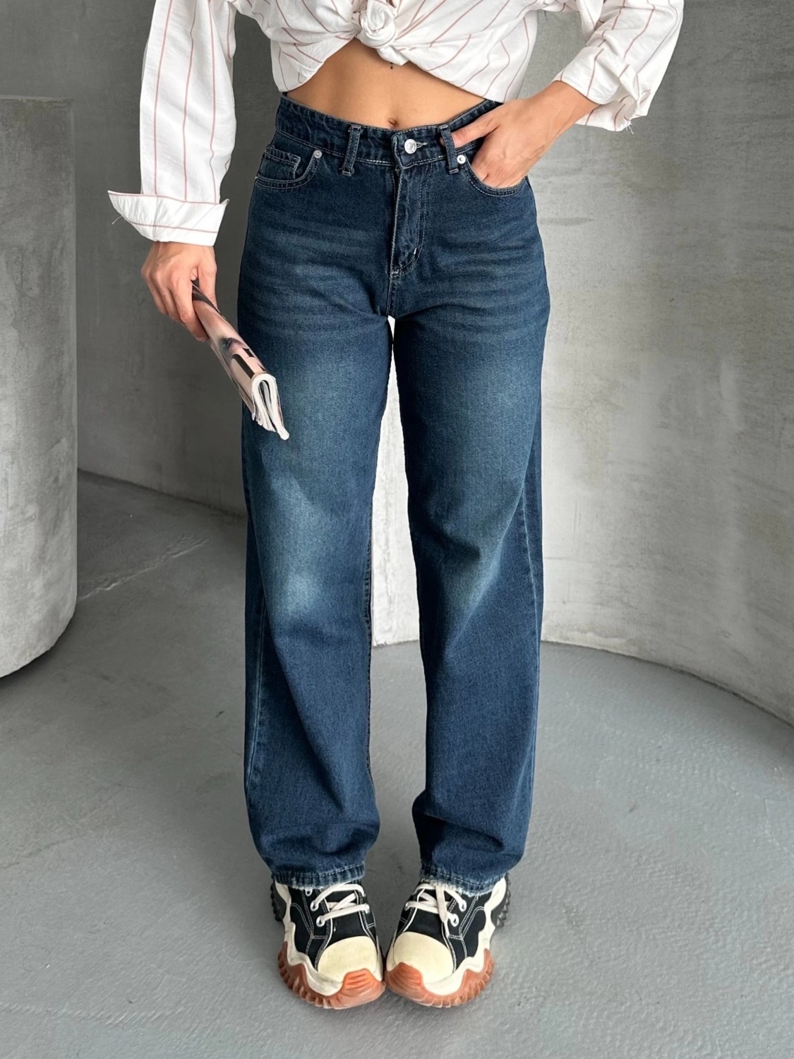 OEY Fashions Palazzo Bıyık Enzim Yıkama Jeans Pantolon Koyu Mavi D2008
