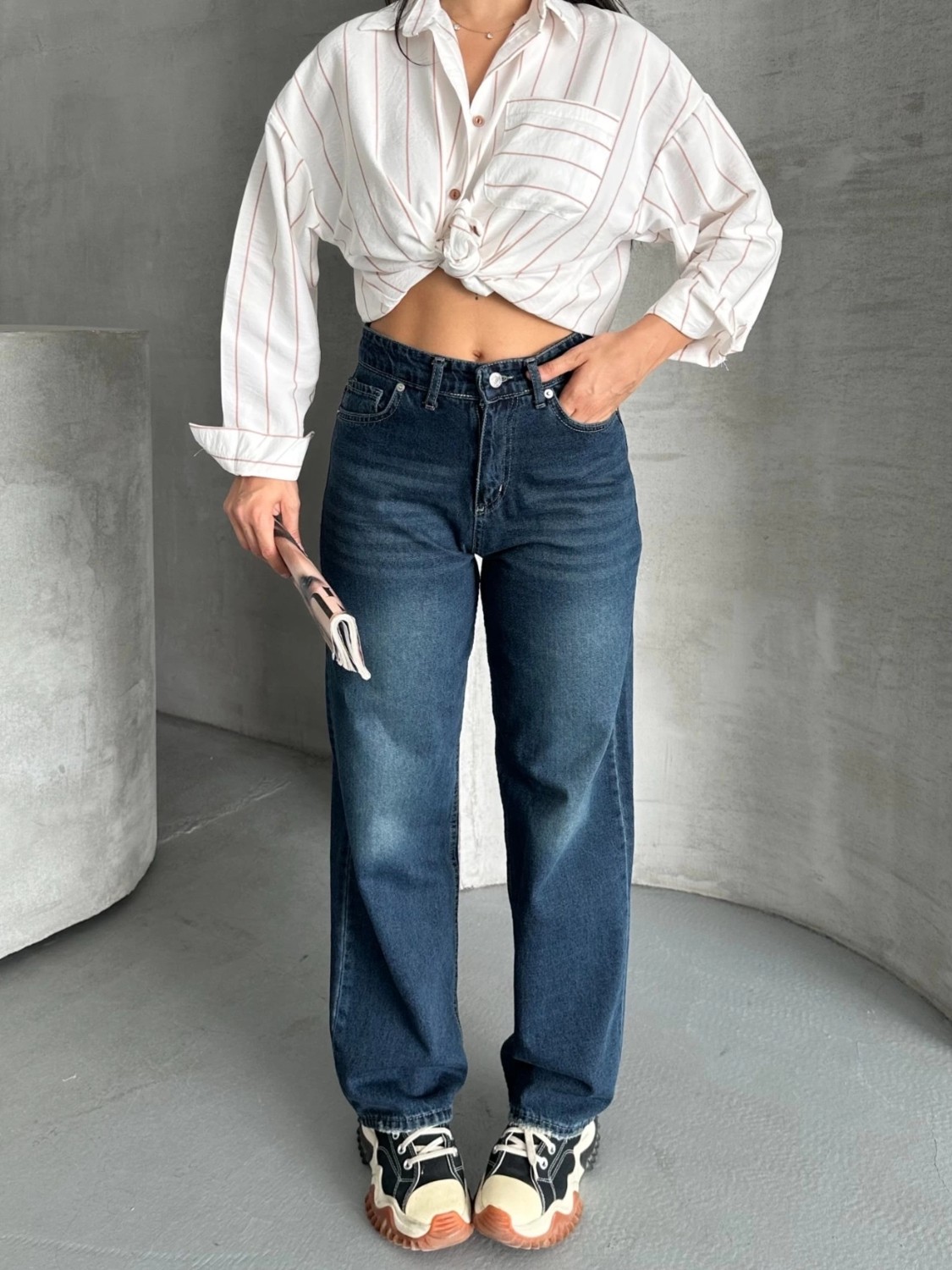 OEY Fashions Palazzo Bıyık Enzim Yıkama Jeans Pantolon Koyu Mavi D2008 görsel 4