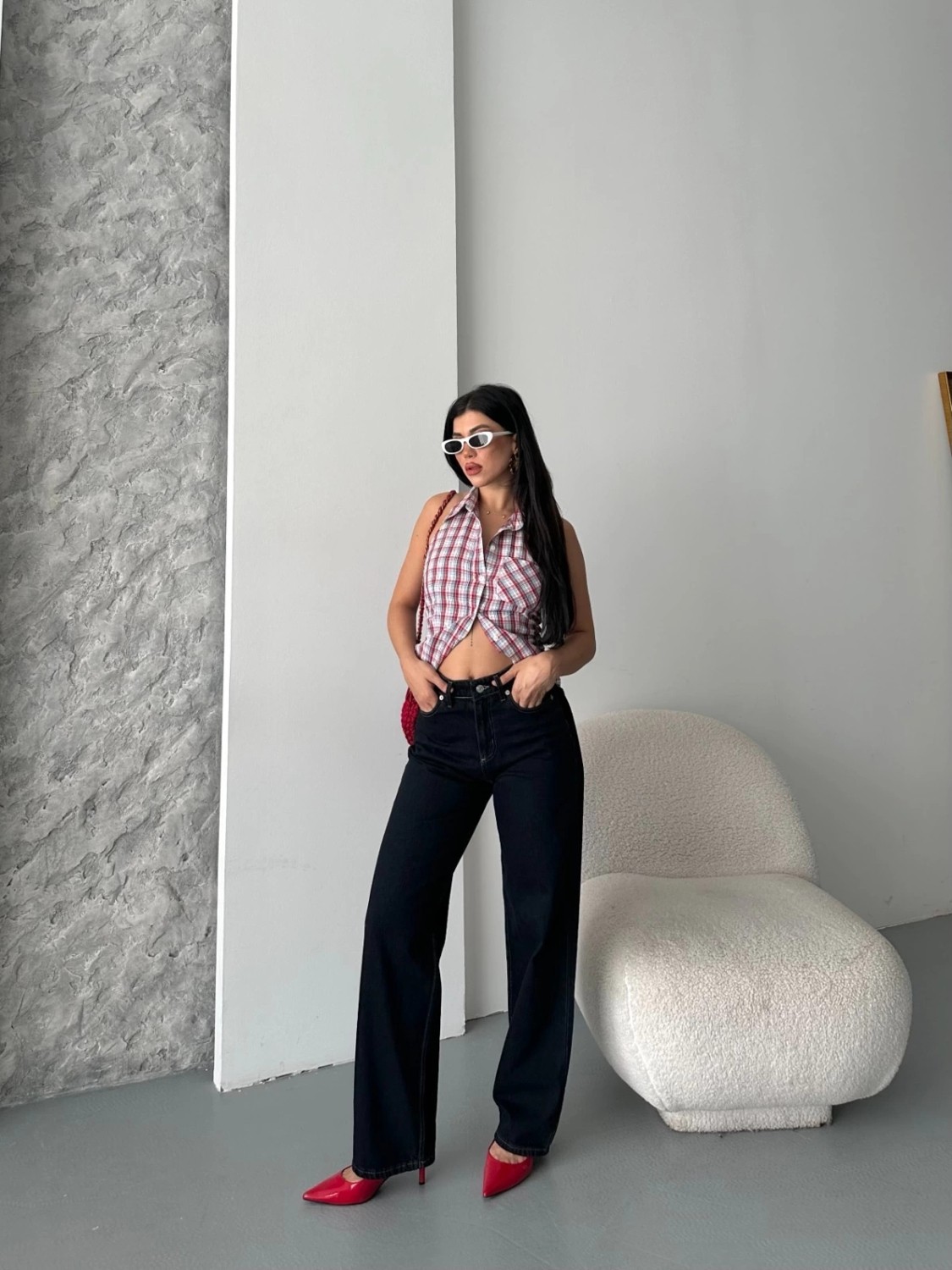 Palazzo Süper Taş Enzim Tint Yıkama Koyu Lacivert Jeans Pantolon D2008 görsel 2