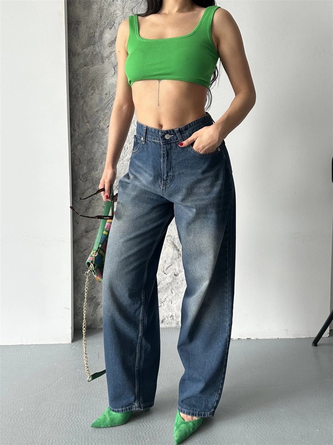 OEY Fashions Baggy Süper Taş Bıyık Yıkama Kahve Tint Jeans Pantolon D2007