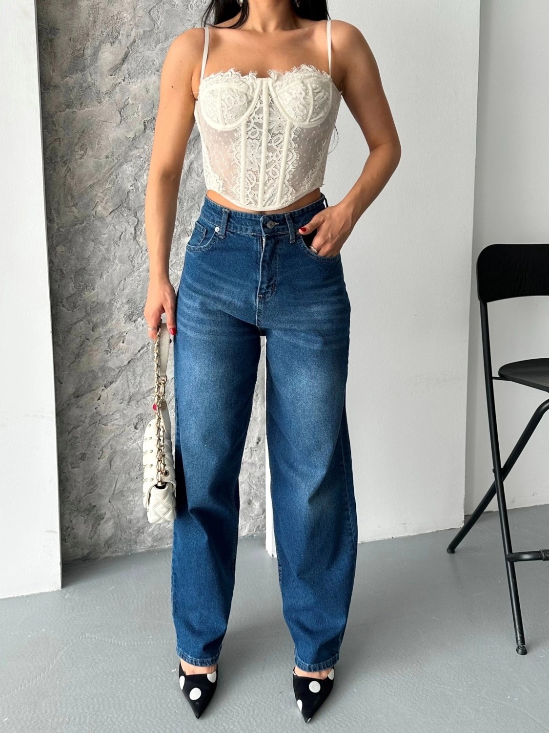 Baggy Süper Taş Bıyık Yıkama Koyu Mavi Jeans Pantolon D2007 görsel 5