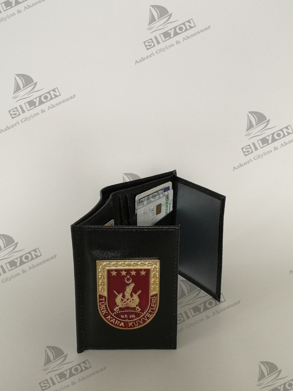 Silyon Askeri Giyim Kara Kuvvetleri Metal Rozetli Klasik Deri Cüzdan