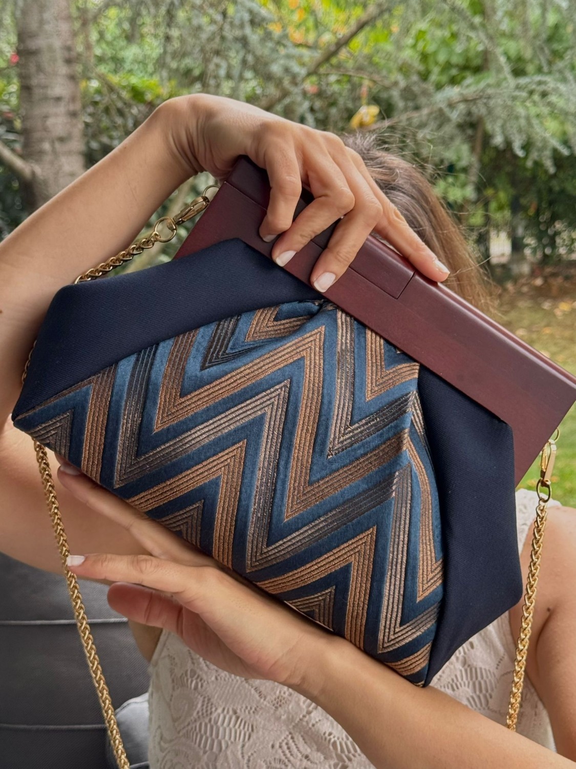 Jophiel Patchwork, Zincirli, Ahşap Burslu Çanta, Clutch, El Çantası, Kol Çantası, Omuz Çantası