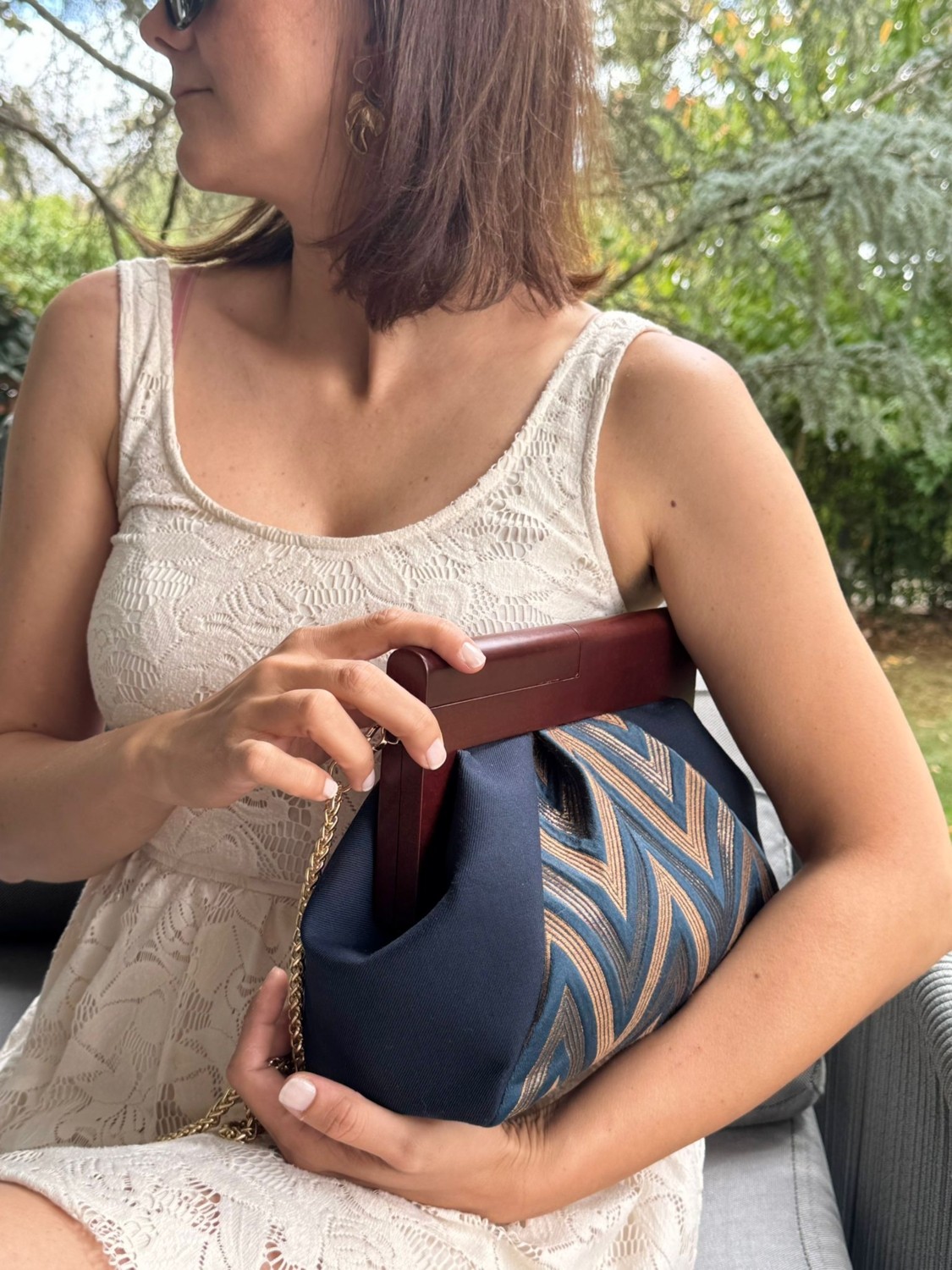 Jophiel Patchwork, Zincirli, Ahşap Burslu Çanta, Clutch, El Çantası, Kol Çantası, Omuz Çantası görsel 2