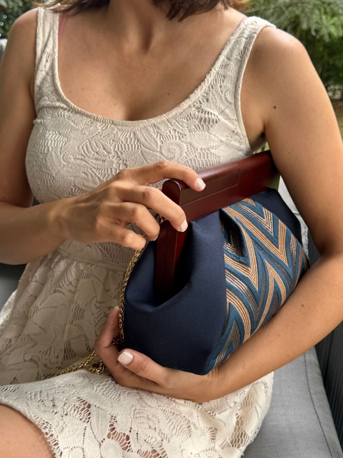 Jophiel Patchwork, Zincirli, Ahşap Burslu Çanta, Clutch, El Çantası, Kol Çantası, Omuz Çantası görsel 3