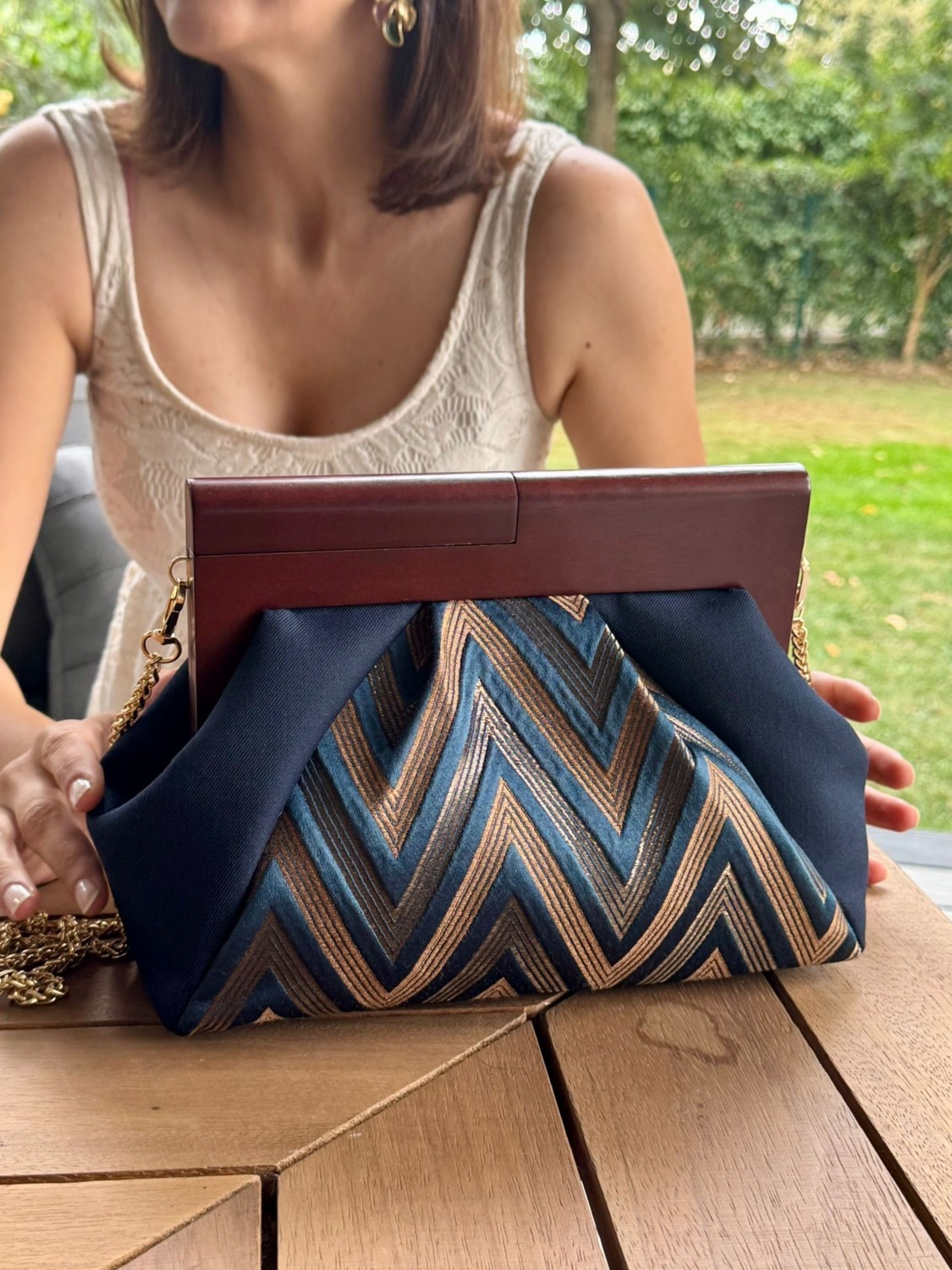 Jophiel Patchwork, Zincirli, Ahşap Burslu Çanta, Clutch, El Çantası, Kol Çantası, Omuz Çantası görsel 5