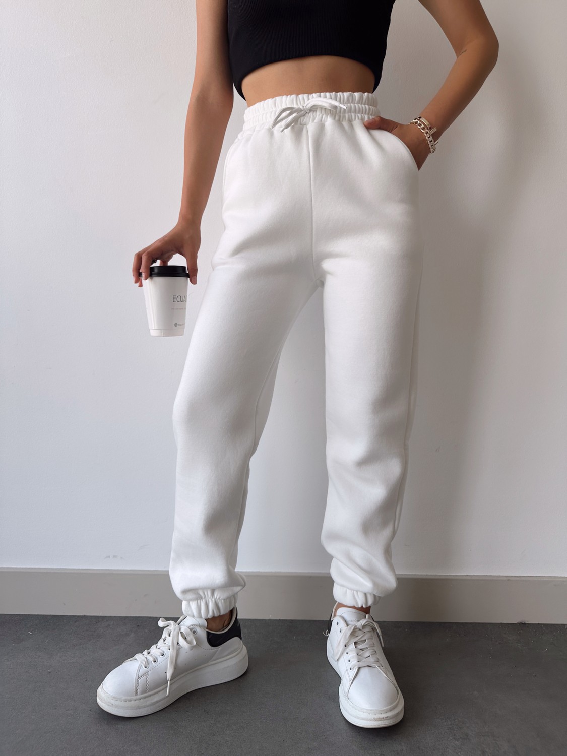 Schlank Kadın Beyaz Kışlık Kalın Içi Polarlı Yüksek Bel Paçası Lastikli Basic Jogger Eşofman Altı