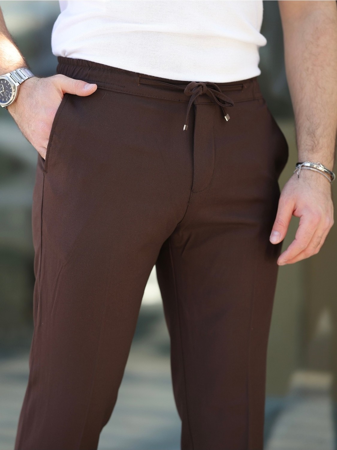 Baselco Kolay Ütülenebilir Slim Fit Kumaş Jogger Pantolon Erkek Düz Desenli Pamuk-Elastan Malzeme