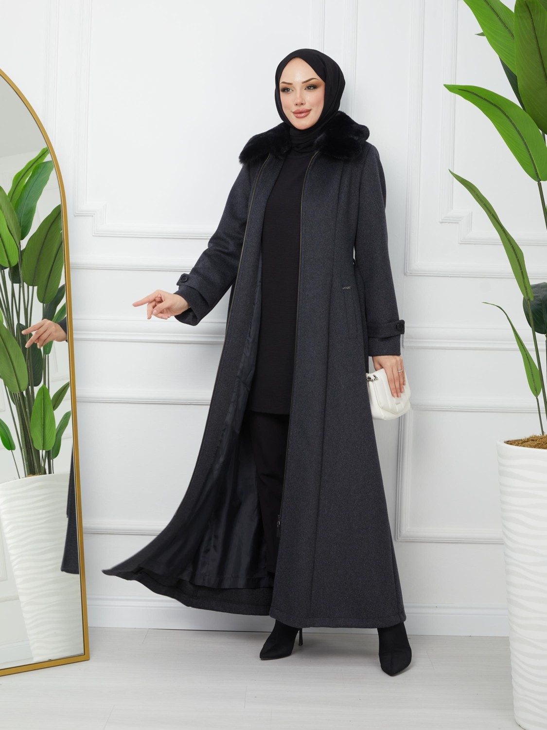 Doque Kalın Yünlü Kaşe Yakası Kürklü Kışlık Kadın Pardesü Manto 145 cm 58005