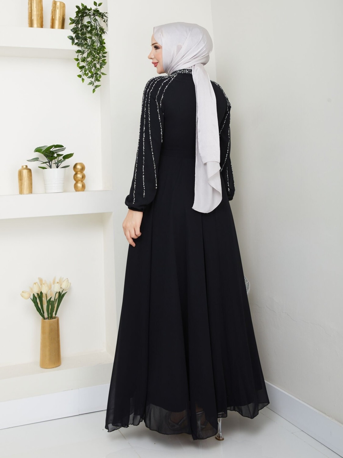 Hiramir Kadın Kolları Işlemeli Astarlı Abiye Elbise YZ2501 46 - Lacivert görsel 5