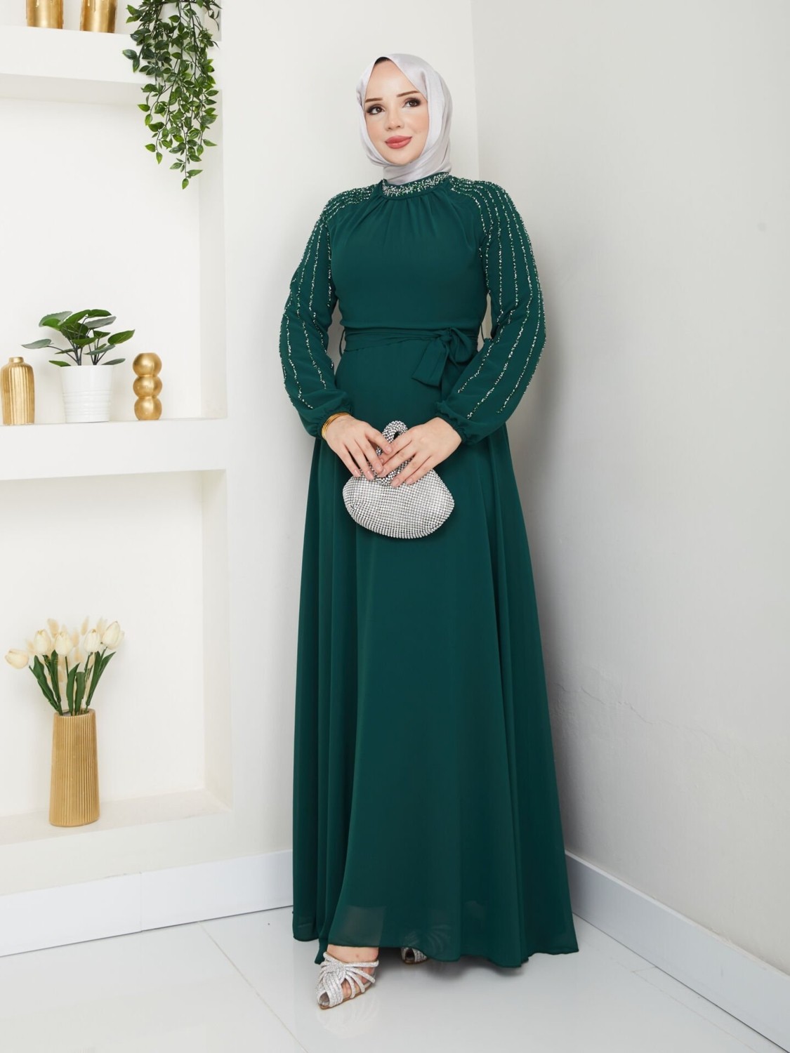 Hiramir Kadın Kolları Işlemeli Astarlı Abiye Elbise YZ2501 46 - Lacivert