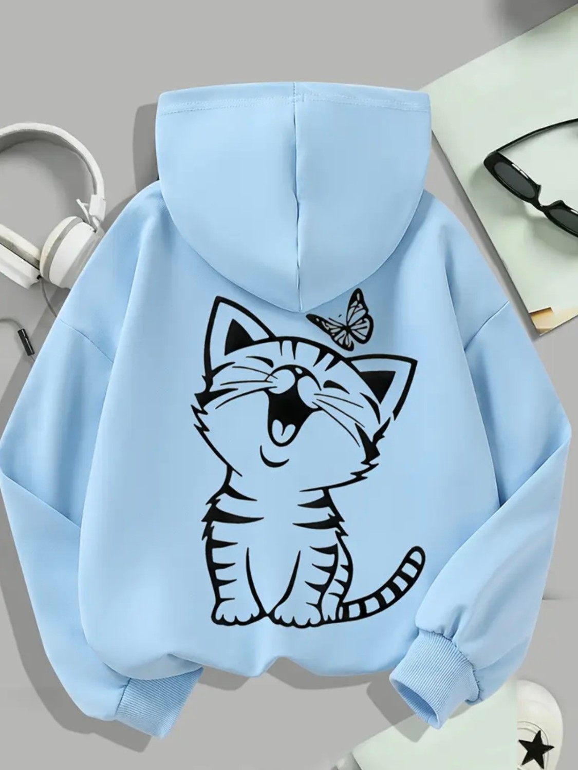 Punix Punıx Büyük Beden Özel Üretim Kapüşonlu Minnoşun Kelebeği Sırt Baskılı Oversize Kadın Sweatshırt