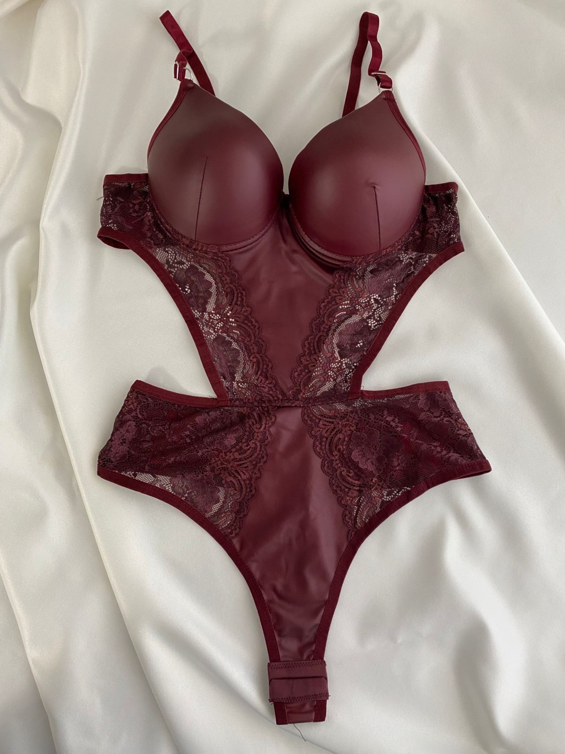 Gold Night Kadın Dantelli Deri Bordo Transparan Çıtçıtlı Sütyenli Body Bodysuit Fantezi Iç Çamaşır