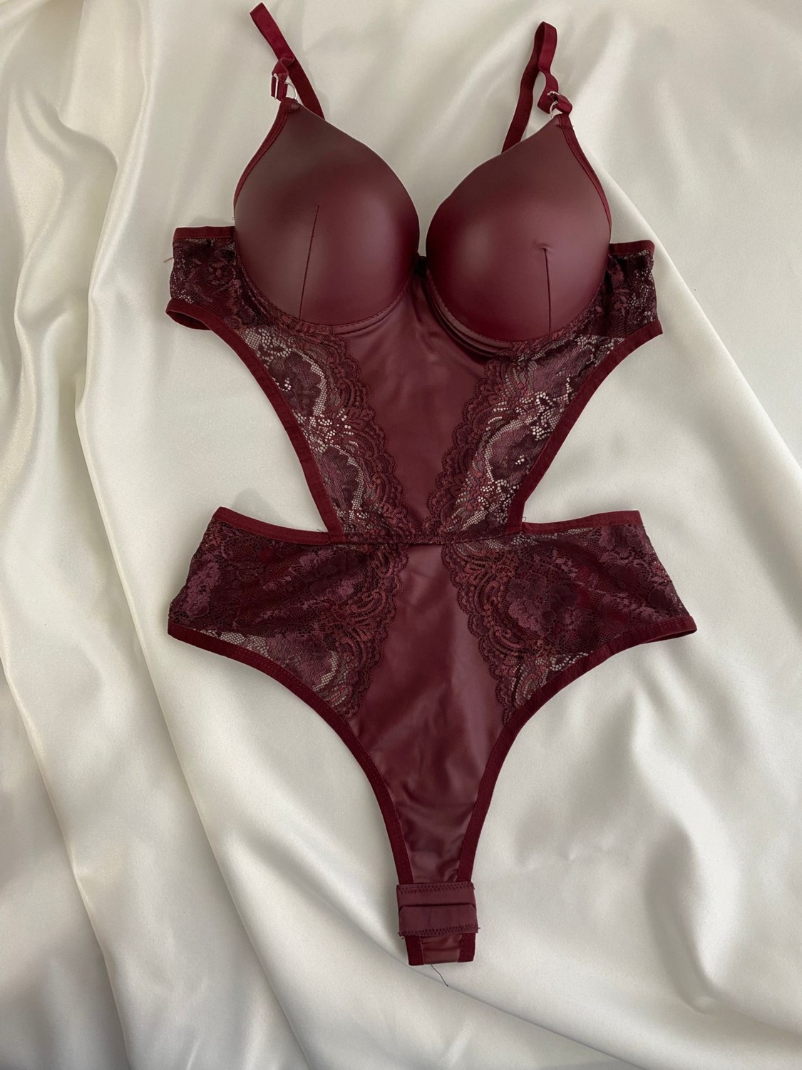 Gold Night Kadın Dantelli Deri Bordo Transparan Çıtçıtlı Sütyenli Body Bodysuit Fantezi Iç Çamaşır görsel 2