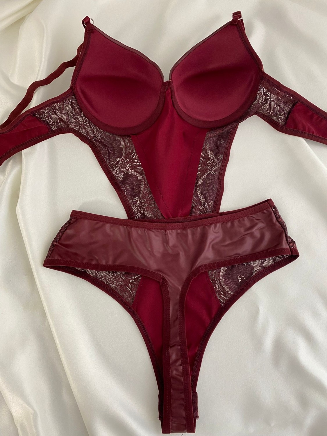 Gold Night Kadın Dantelli Deri Bordo Transparan Çıtçıtlı Sütyenli Body Bodysuit Fantezi Iç Çamaşır görsel 3
