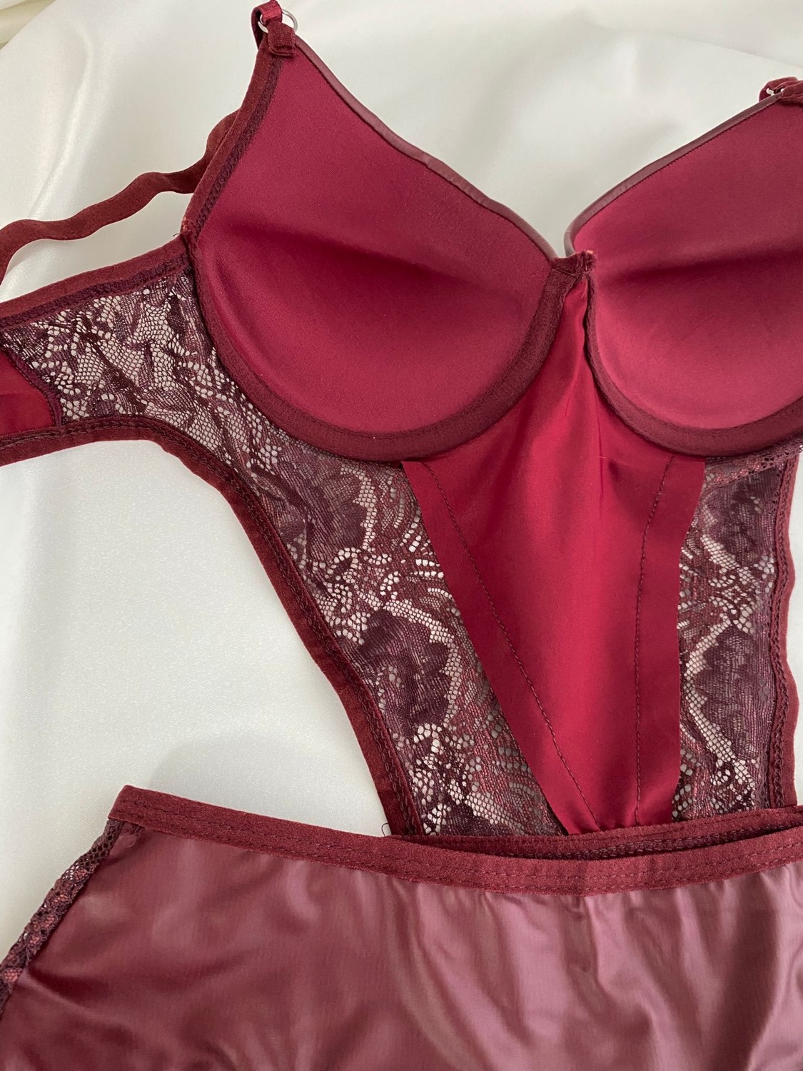 Gold Night Kadın Dantelli Deri Bordo Transparan Çıtçıtlı Sütyenli Body Bodysuit Fantezi Iç Çamaşır görsel 4