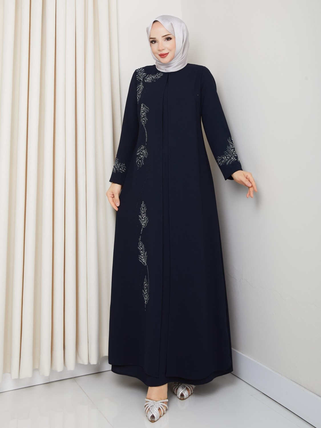 Eslemnur Büyük Beden Yaprak Taşlı Anne Elbisesi EN7008 görsel 4