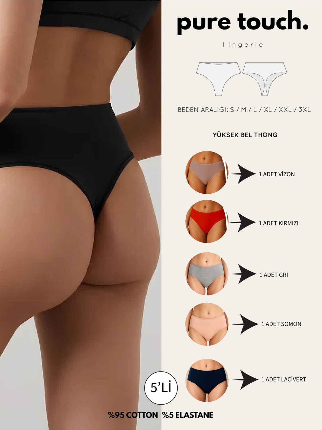 aura pure touch Kadın Yüksek Bel Tanga Külot 5'li Paket/somon-Kırmızı-Lacivert-Vizon-Gri görsel 5