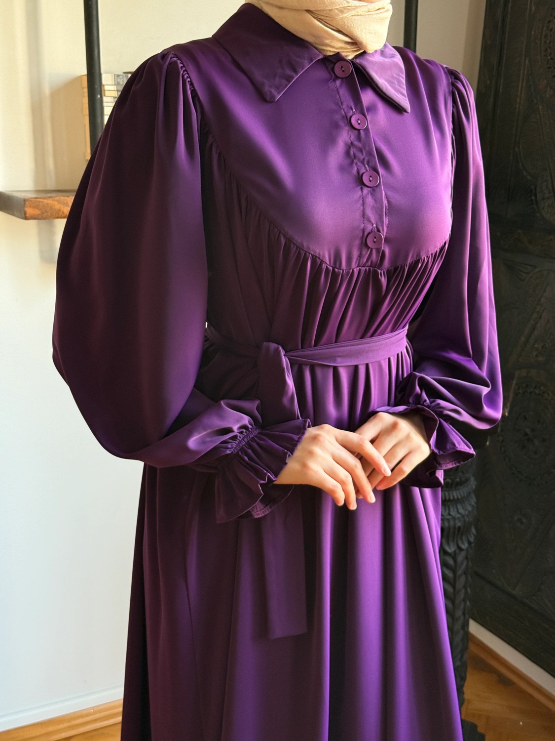 Fendel Gömlek Yaka Yarım Pat Dubai Ipeği Elbise 1926 Navra | Fendel görsel 5