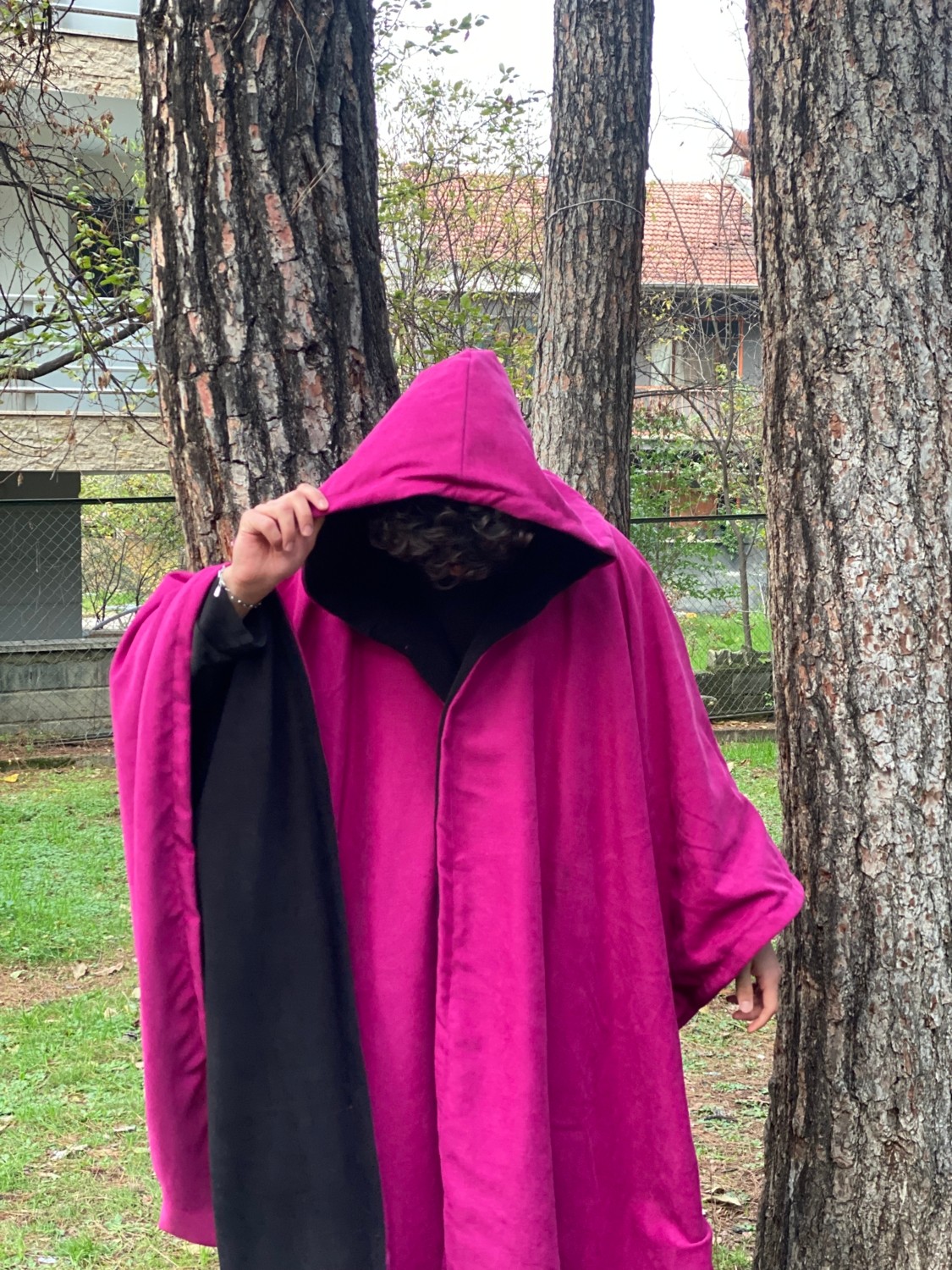 Alpin Store 🟣⬛ Çift Taraflı Kapüşonlu Panço, Fuşya & Siyah | Unisex Oversize Panço