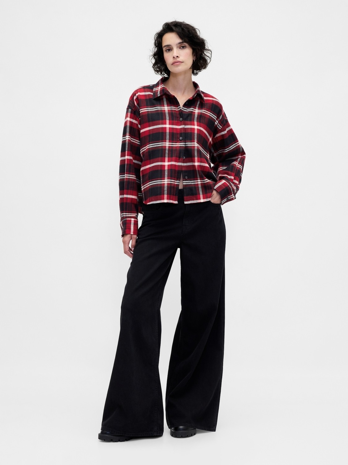 Gap Kadın Bordo Flannel Straight-Hem Crop Gömlek görsel 6